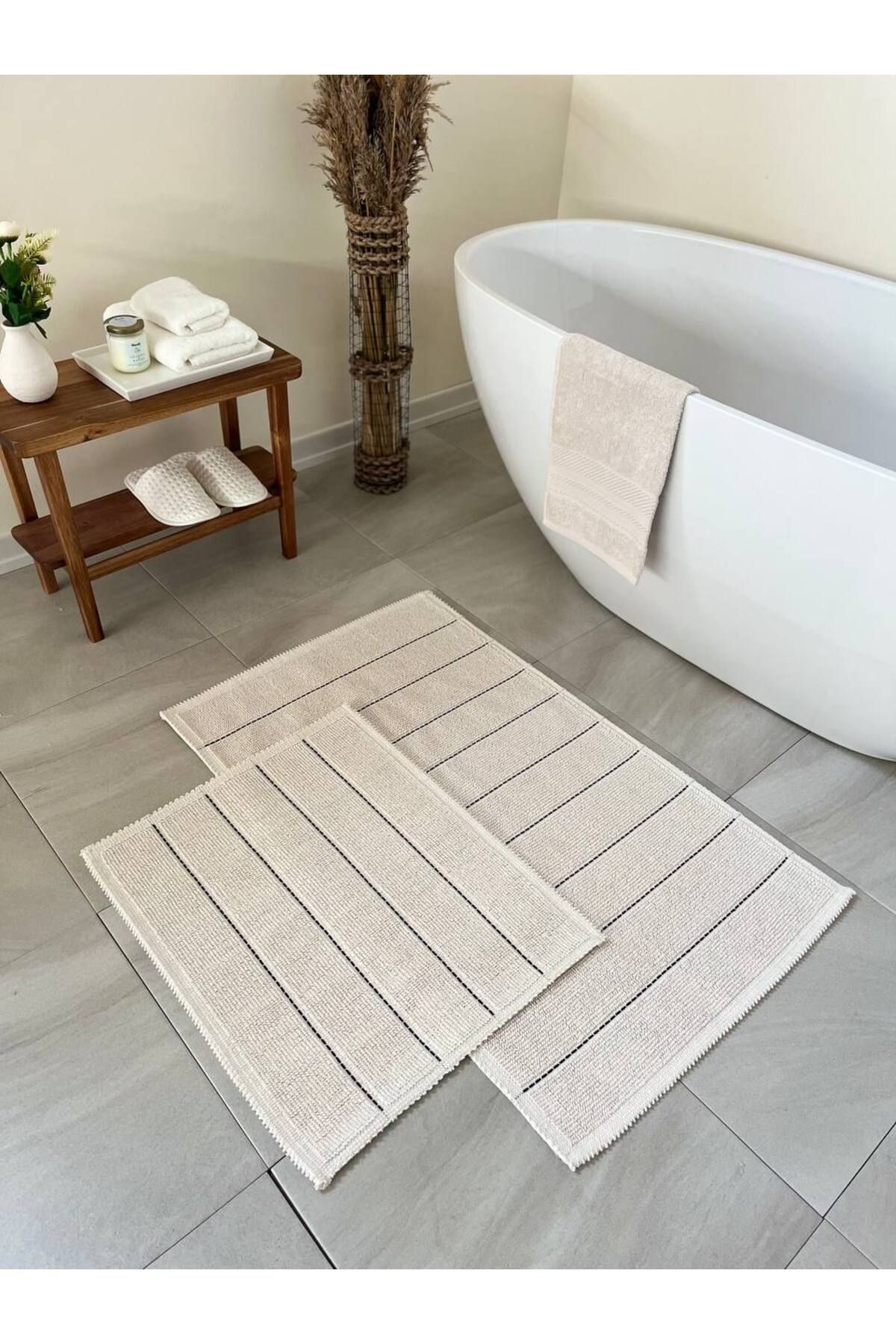 Basic Stripe Doğal Pamuklu 2'li Banyo Paspas Seti 60x100 50x60 Cm Ekru / Siyah Çizgili
