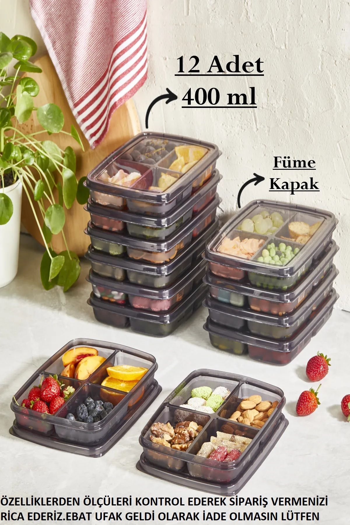 Füme 12 Adet 400 ml Mini Saklama Kabı - 4 Bölmeli Çerezlik Dondurulmuş Et Sebze Buzluk Organizer