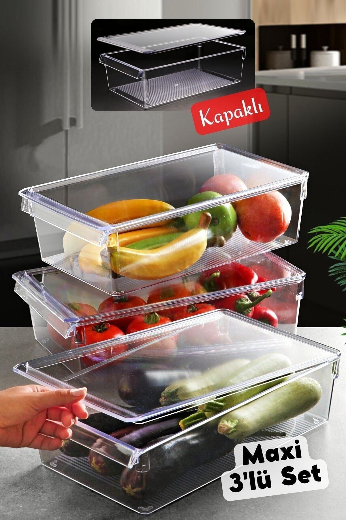 Kapaklı Maxi Tall Clear Buzdolabı & Dolap Içi Düzenleyici Organizer 3 Adet