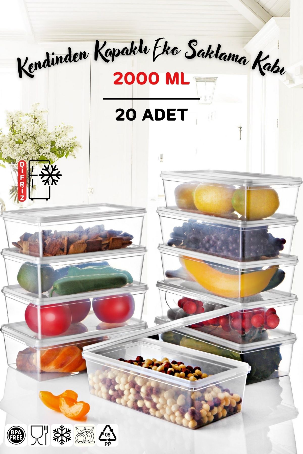 20 Adet Kendinden Kapaklı Derin Dondurucuya Uygun Saklama Kabı 2 Lt