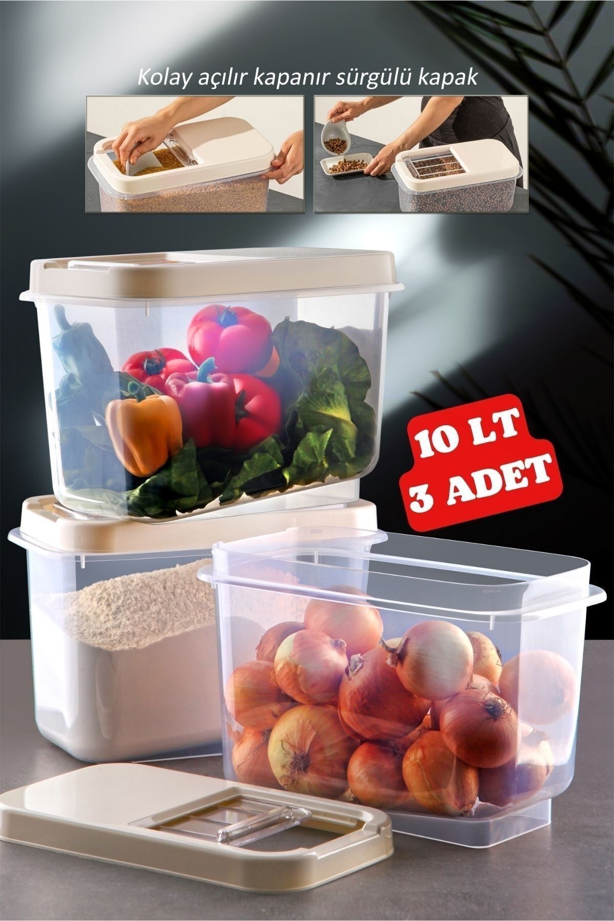 Multibox 10 Lt Kolay Kayar Kapaklı Çok Amaçlı Erzak, Bakliyat Vs. Saklama Kabı 3 Adet