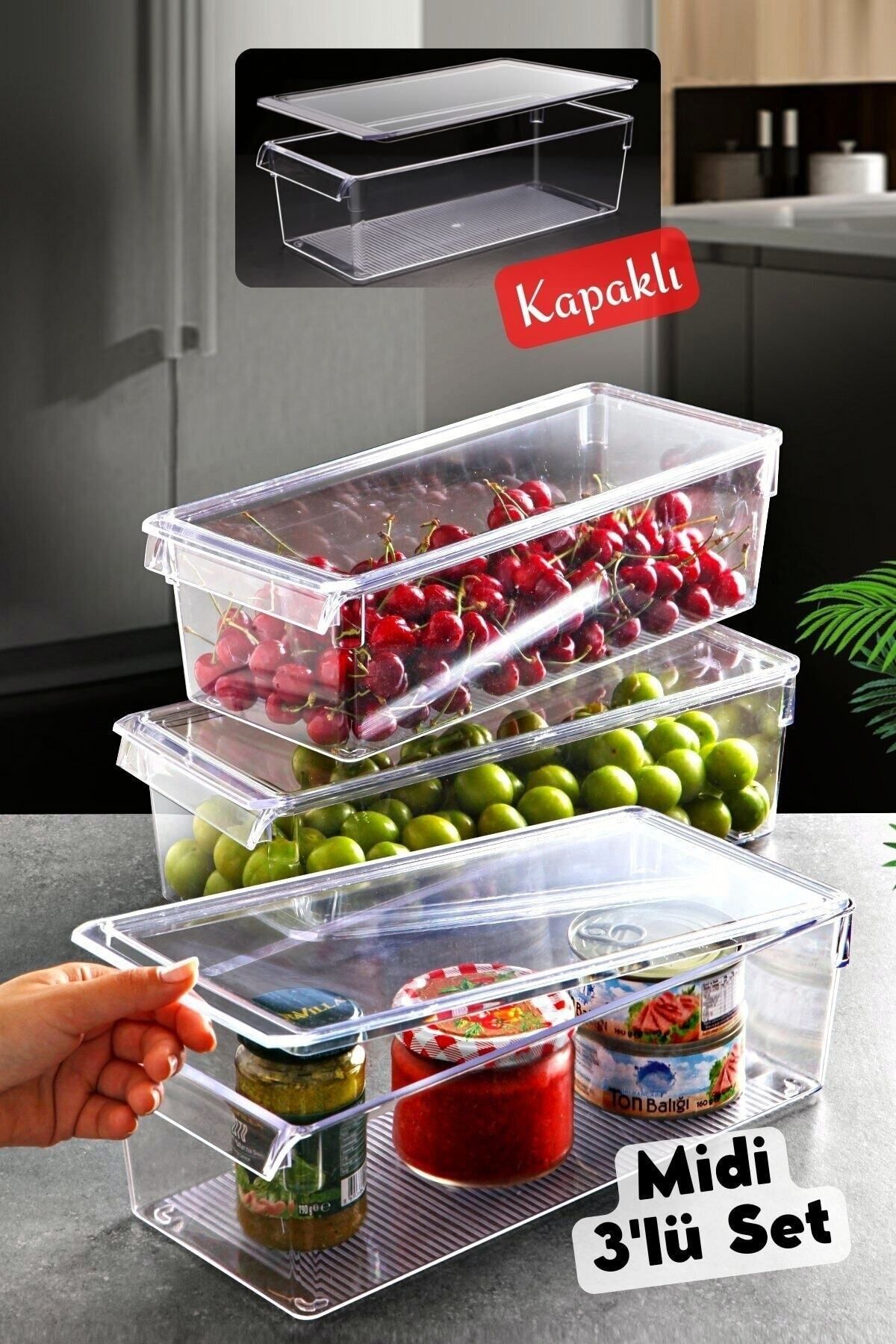 Kapaklı Midi Tall Clear Buzdolabı & Dolap Içi Düzenleyici Organizer 3 Adet