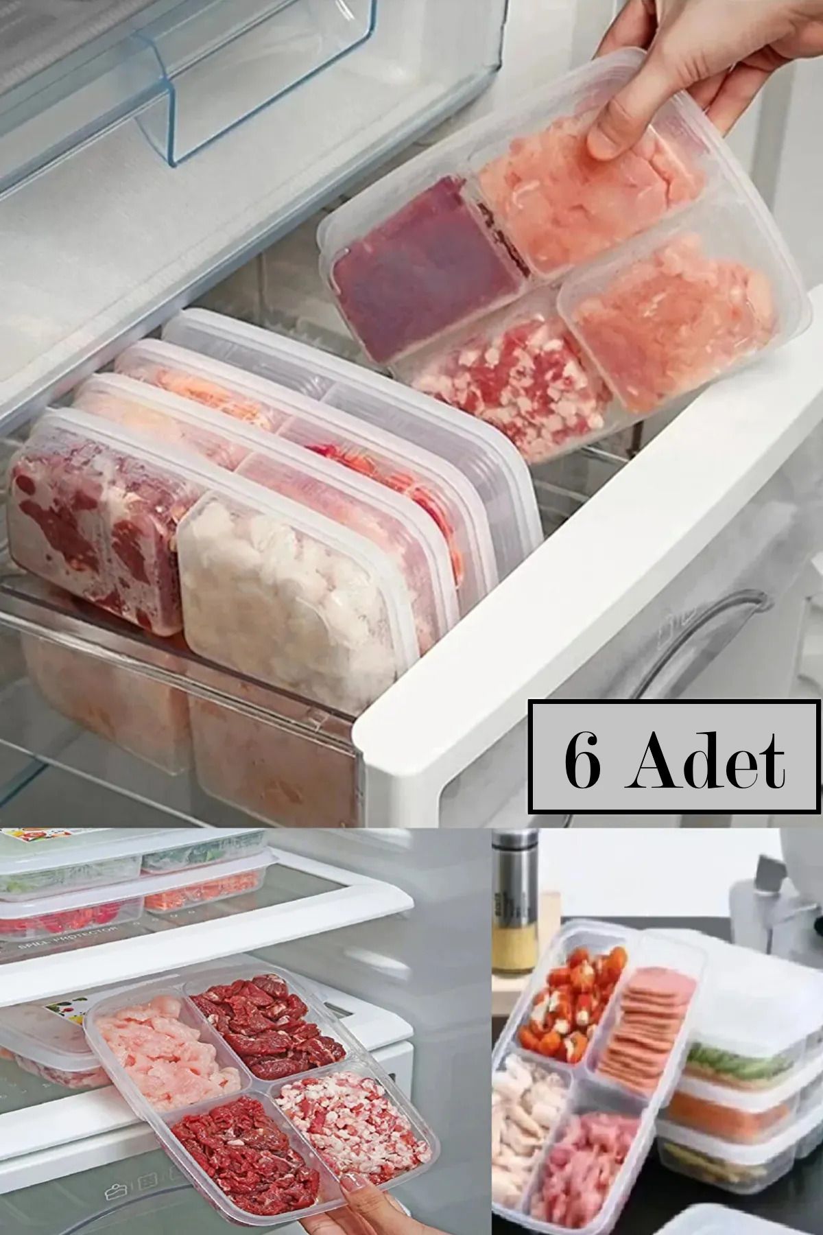 6 Adet Dondurulmuş Mini 4 Bölmeli Öğünlük Sebze Saklama Kabı Et Tavuk Suyu Kıyma Buzluk Organizer