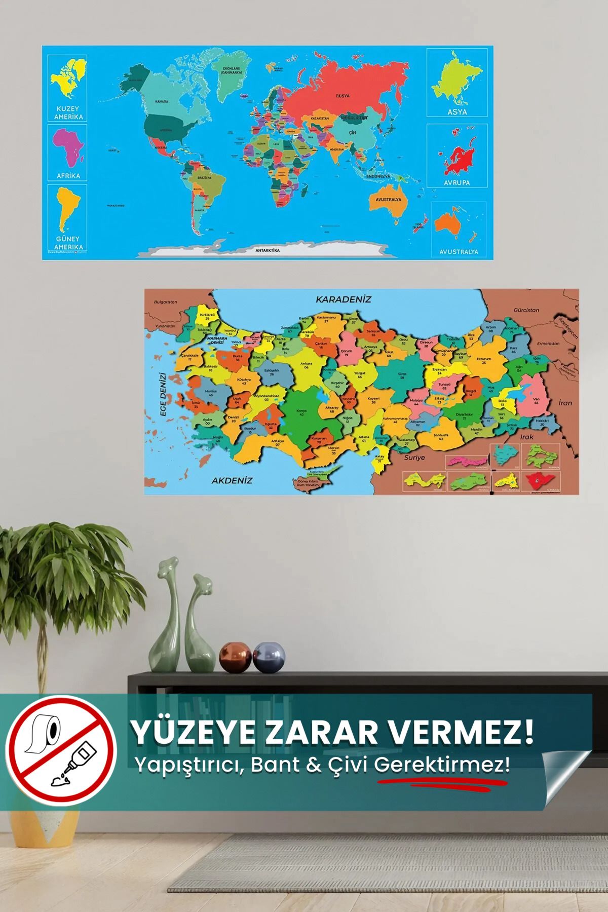 Renkli Dünya Ve Türkiye Haritası - Yapışkansız Tutunan, Yeri Değiştirilebilir, Statik Akıllı Kağıt