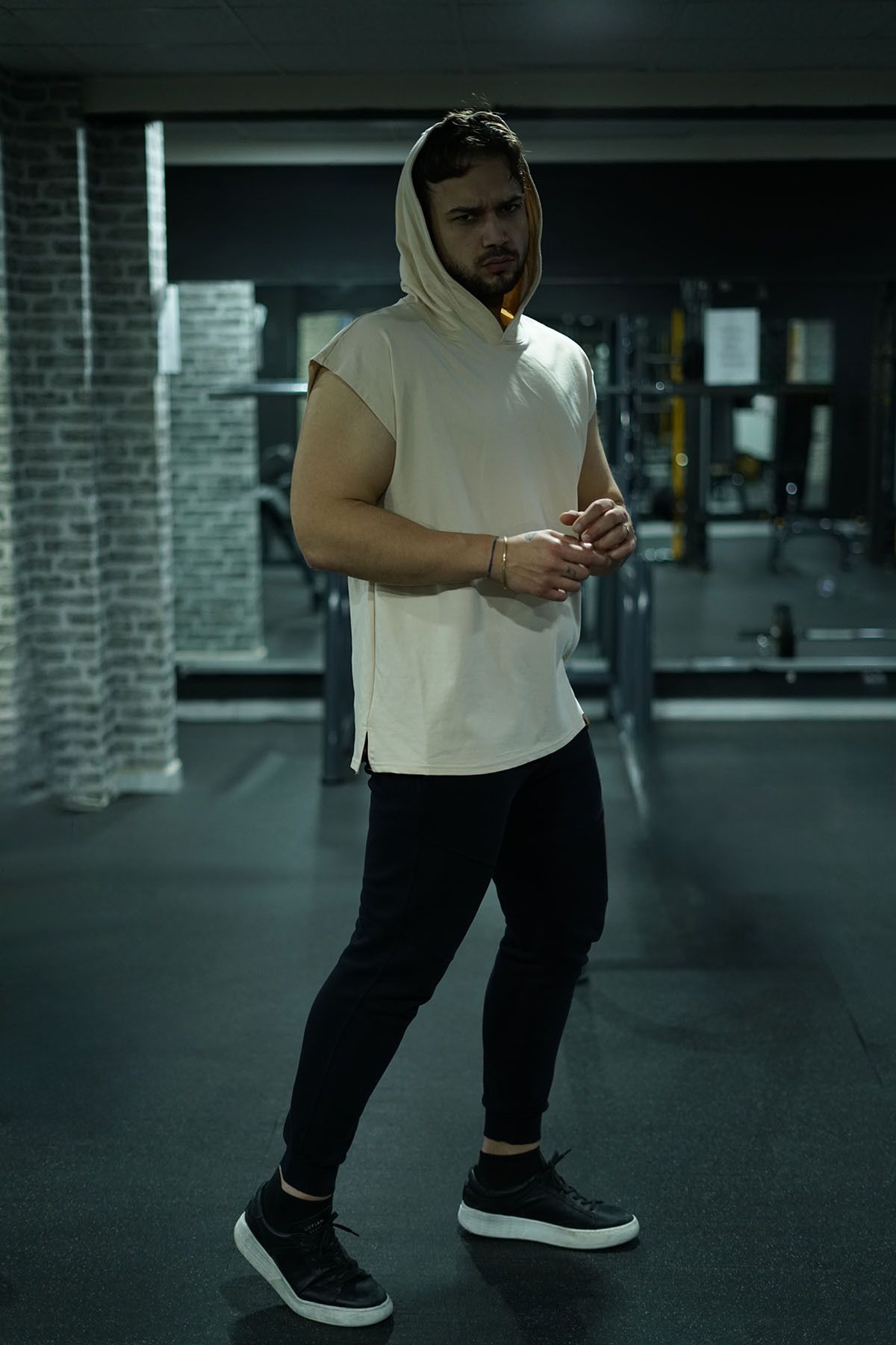Bej Sporcu Atleti Gym Düz Bej Kapüşonlu Fitness ATLET CapshonOnStage®