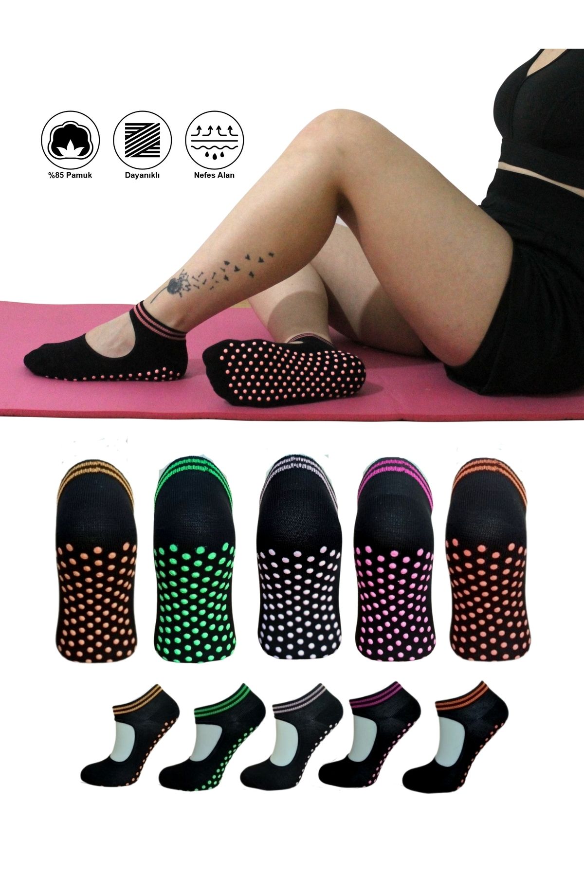 5 Çift Pamuklu Renkli Kaymaz Taban Silikon Baskılı Yoga Fitness Pilates Ve Aktivite Kadın Çorabı