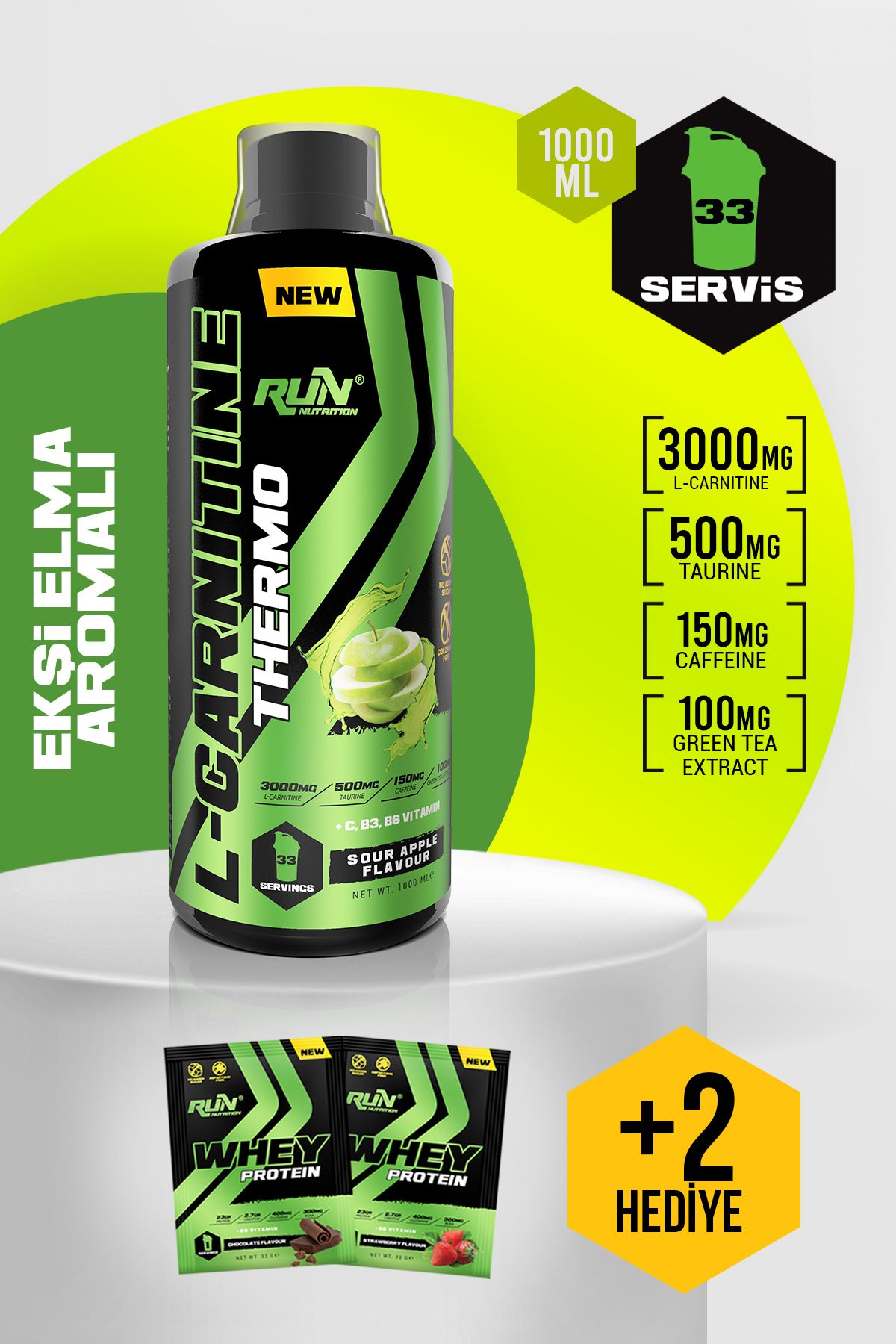 L-carnitine Ekşi Elma Aromalı - 1 Lt - 3000mg - 33 Servis - Hediyeli