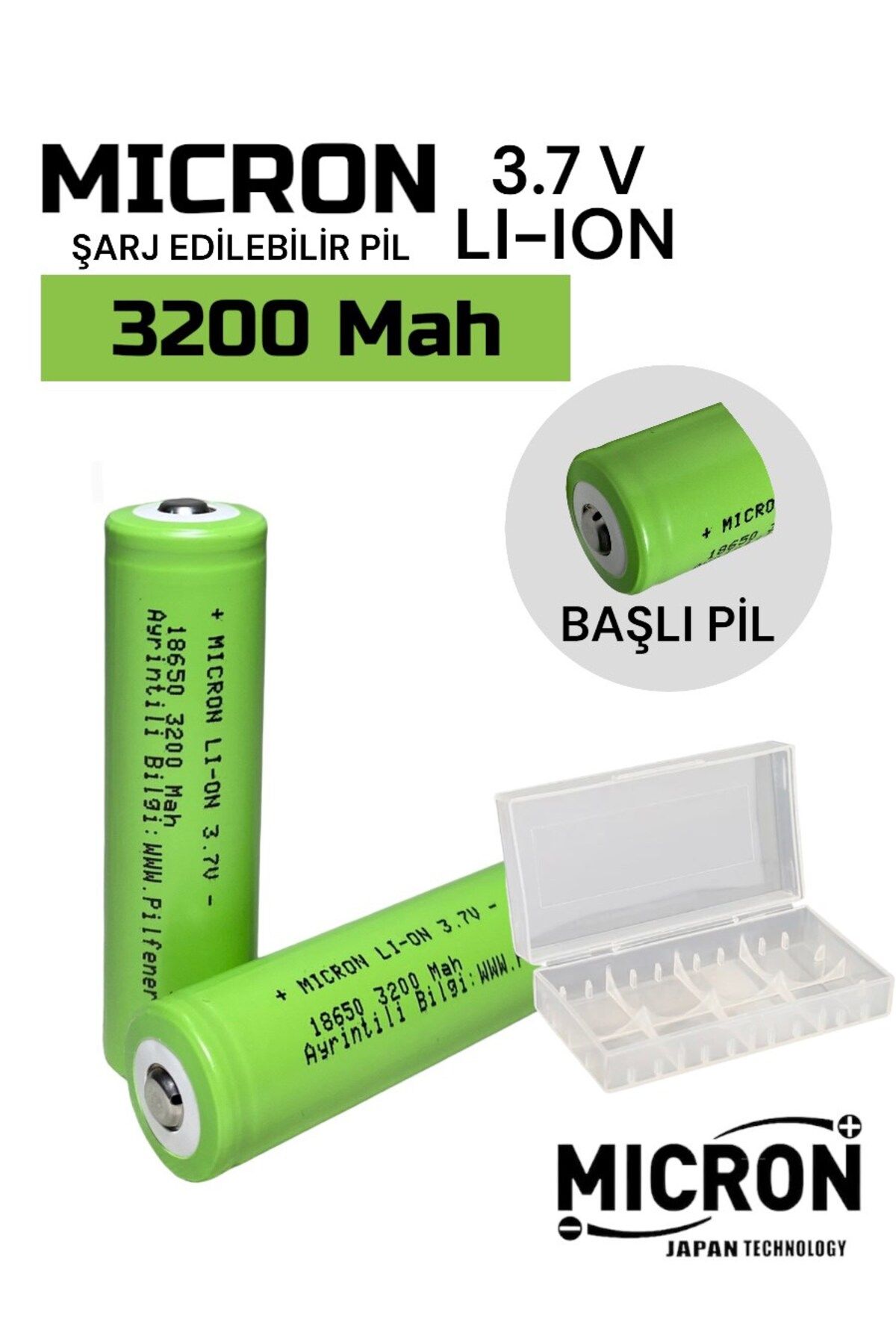18650 3.7V (Volt) 3200 MaH(Amper) 3C Lityum Şarj edilebilir 2 Adet Başlı Pil + Pil Kutusu Hediyeli