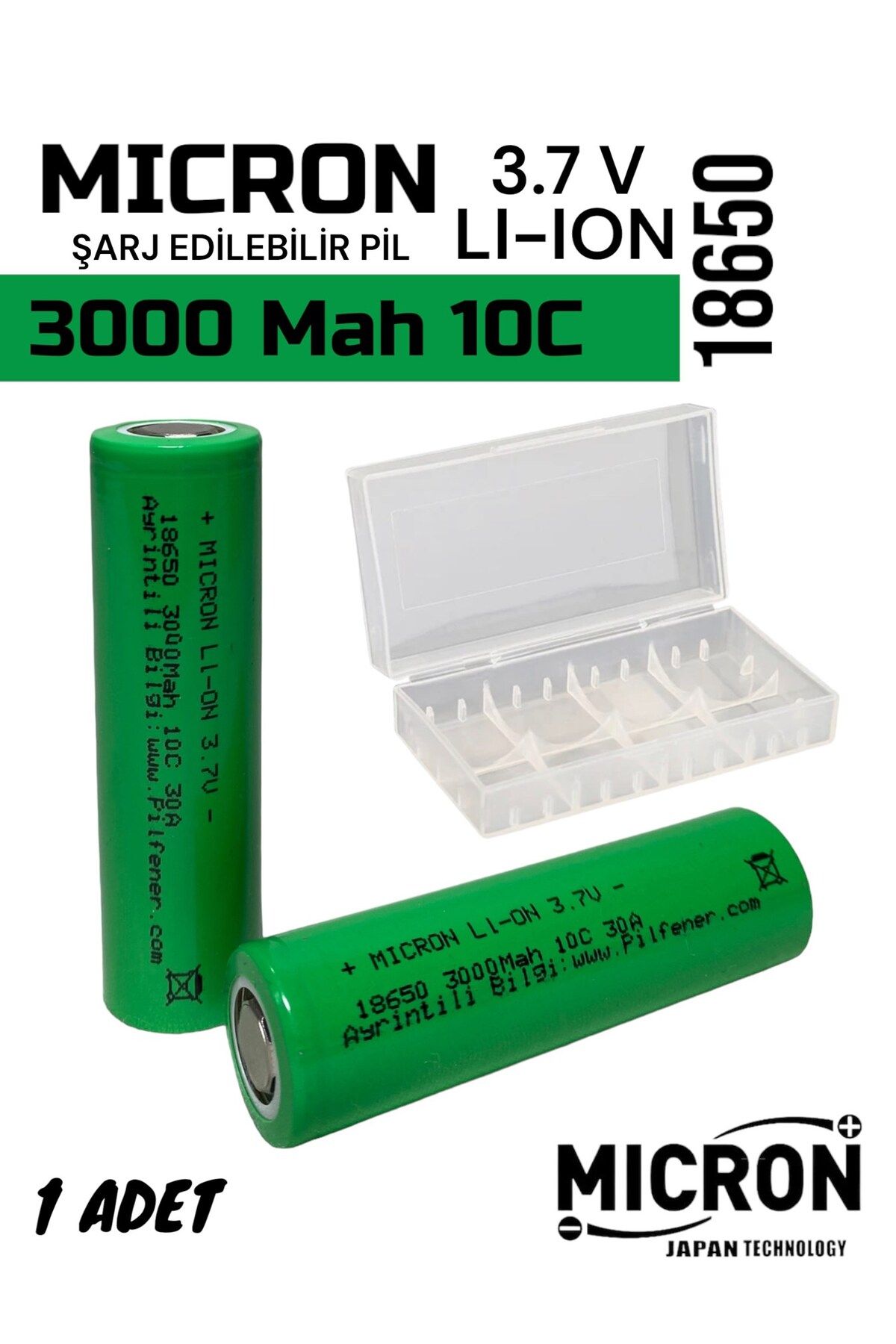 18650 3.7V (Volt) 3000 MaH(Amper) 10C Lityum Şarj edilebilir 1 Adet Pil(Batarya) Pil Kutusu Hediyeli