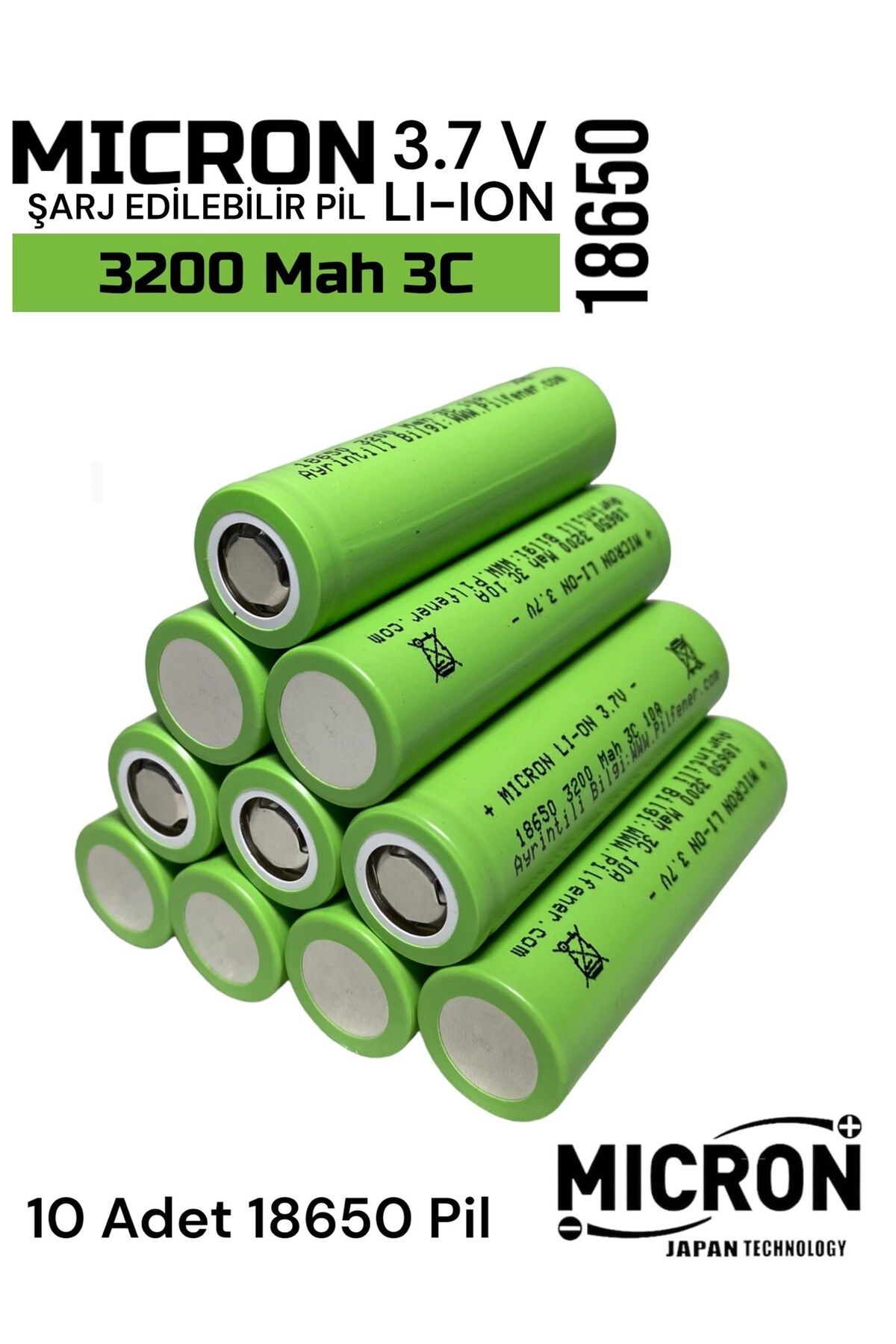 18650 3.7V (Volt) 3200 MaH(Amper) 3C Lityum Şarj edilebilir 10 Adet Pil(Batarya)