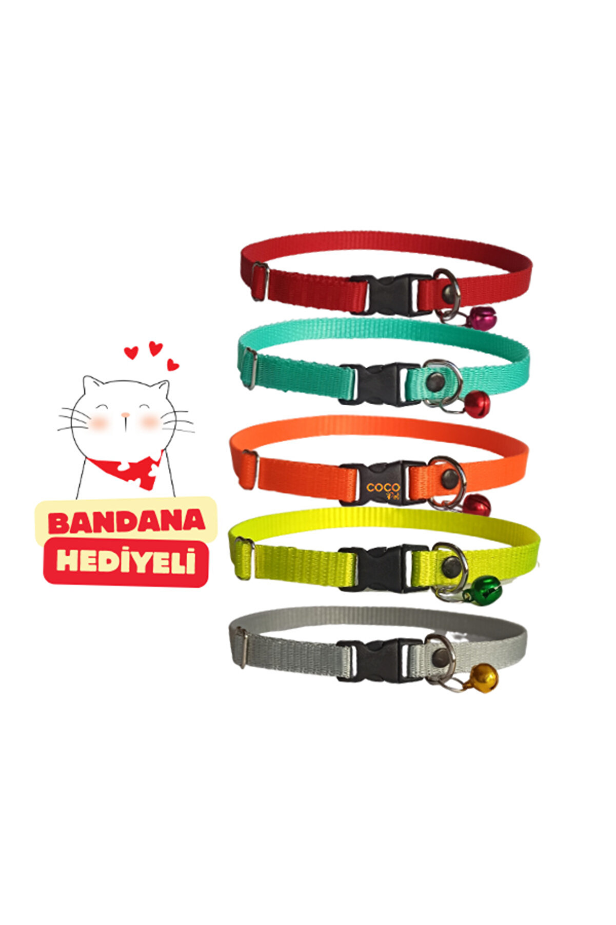 Kedi Boyun Tasması Zilli 5'li Set 20-32 Cm Turuncu Turkuaz Sarı Gri Kırmızı