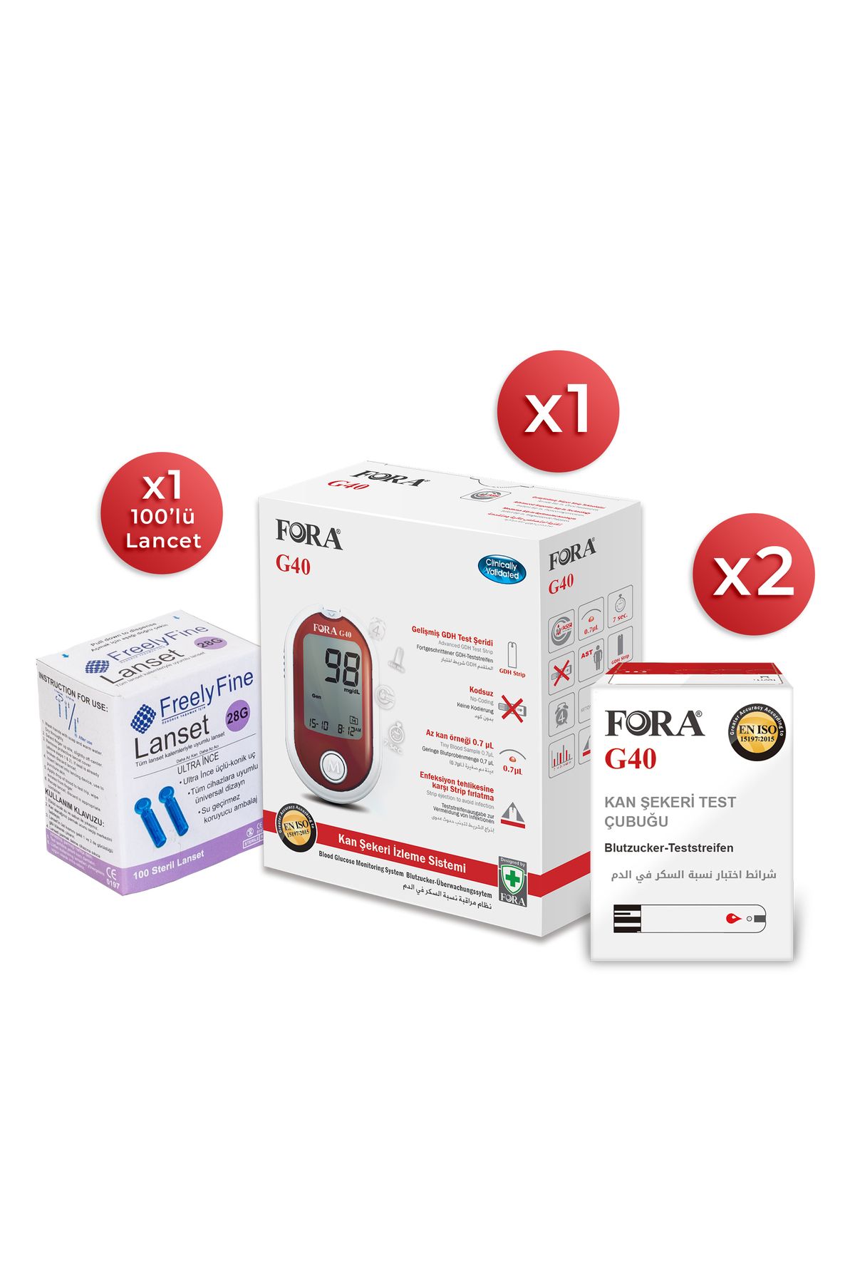 G40 Şeker Diabet Ölçüm Cihazı + 100 Strip + 100 Lancet Parmak Delme İğnesi
