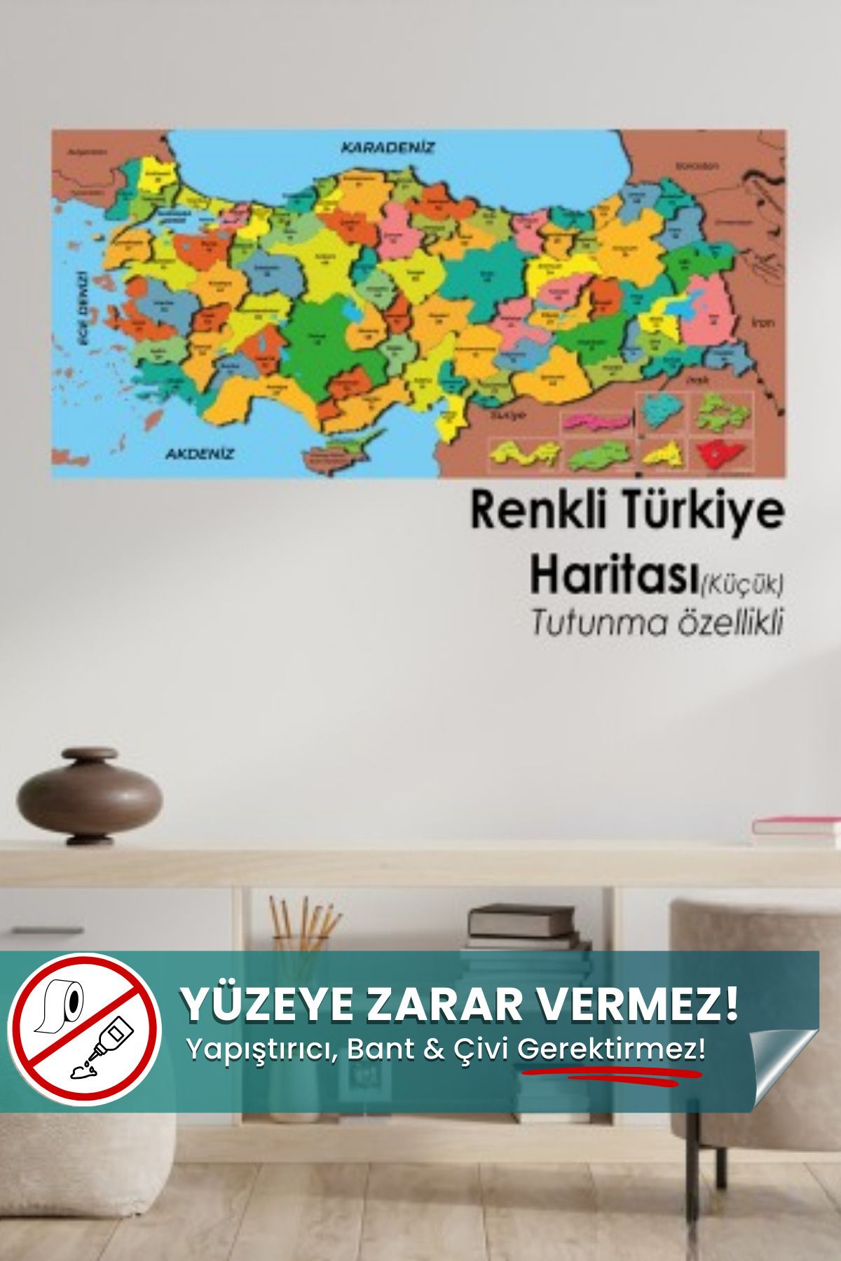 Renkli Türkiye Haritası, Türkiye Siyasi Haritası, Statik, Yapışkansız Sihirli Akıllı Kağıt Harita