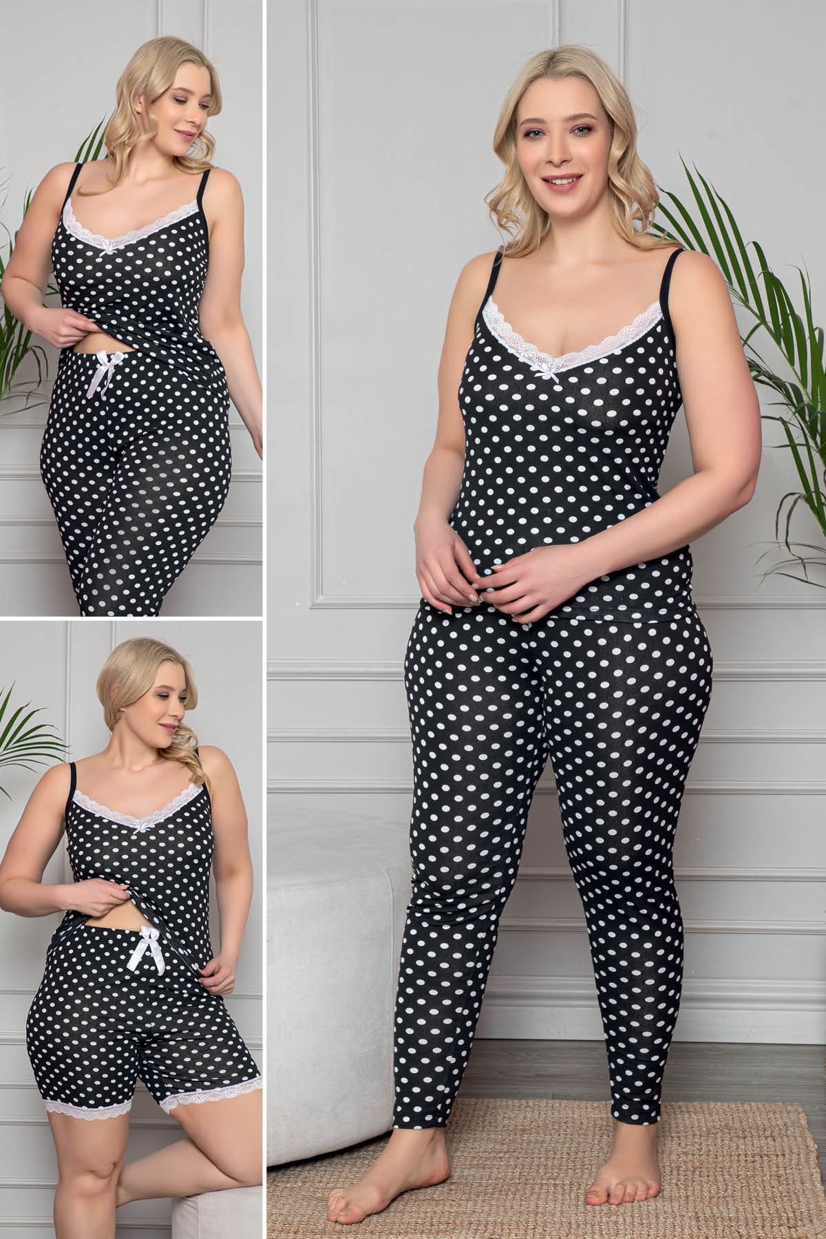 Büyük Beden Puantiye Desenli Dantel Detaylı Şortlu Ve Taytlı Pijama Takımı 3'lü Set 80014