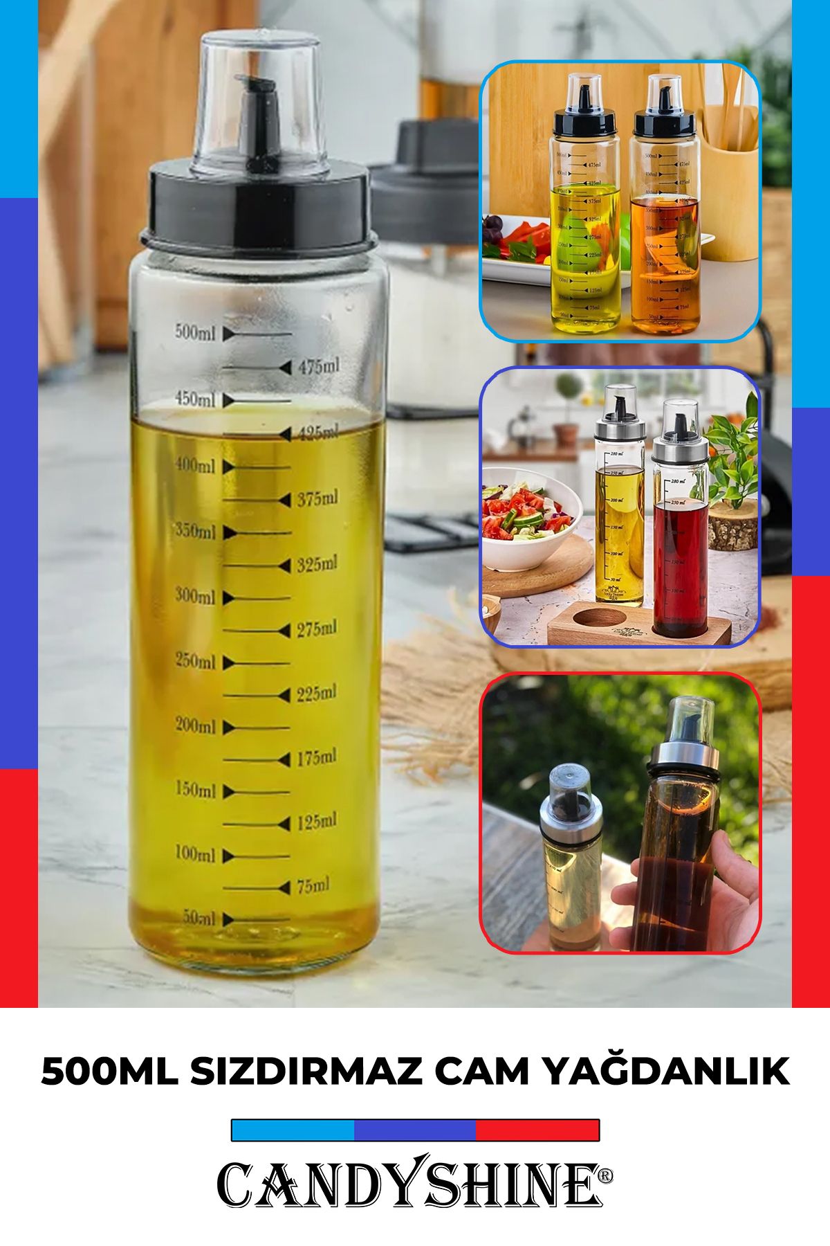 Sızdırmaz Premium Cam Yağlık Damlatmaz Şık Cam Yağdanlık Akıtmaz Lüx Cam Yağ Sirke Şişesi 500 ml