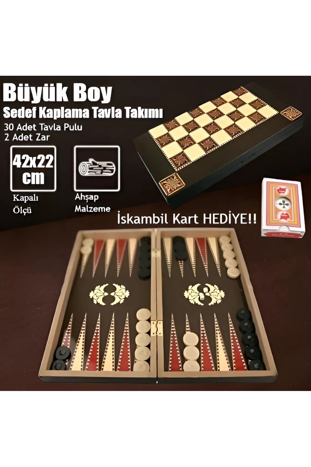 Ahşap Tavla Pulu Dama Takımı Iskambil Kart Hediyeli Ceviz Kaplama Cilalı Turnuva Hobi Oyun Seti