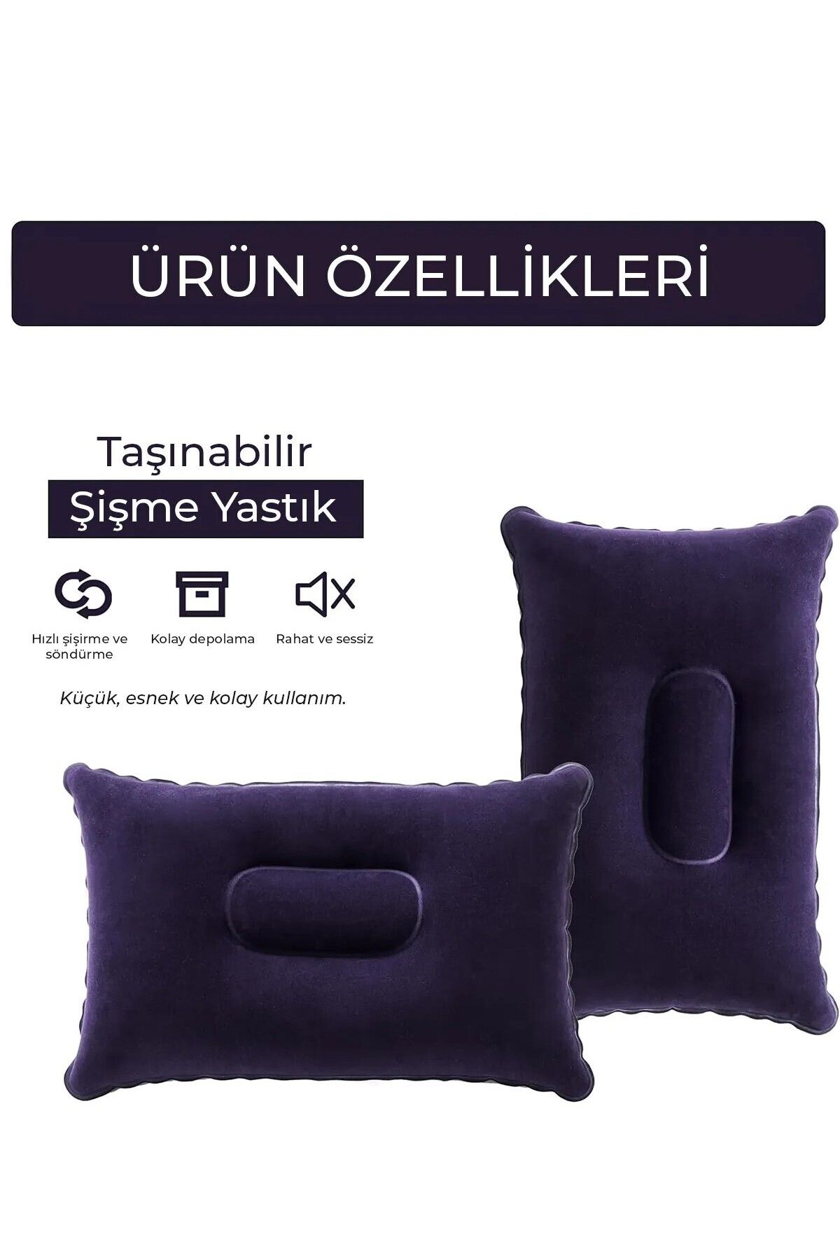 Kadife Kaplı Şişme Yastık - Kamp Yastığı / Seyahat Yastığı 1 Adet