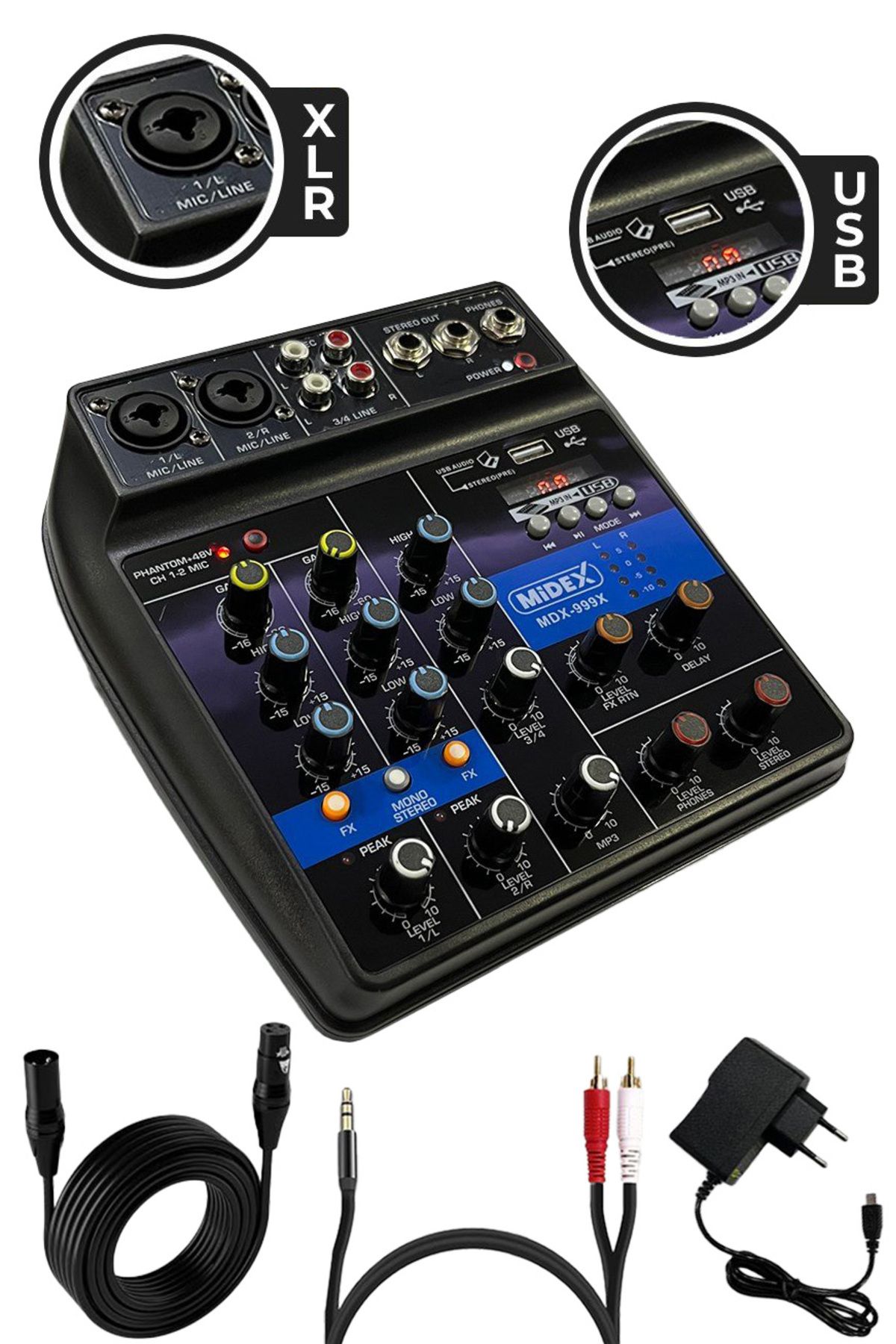 Midex Mdx-999x Ses Kartlı 48v Phantomlu Kayıt Mikseri ( Xlr Kablo Rca Hediye)
