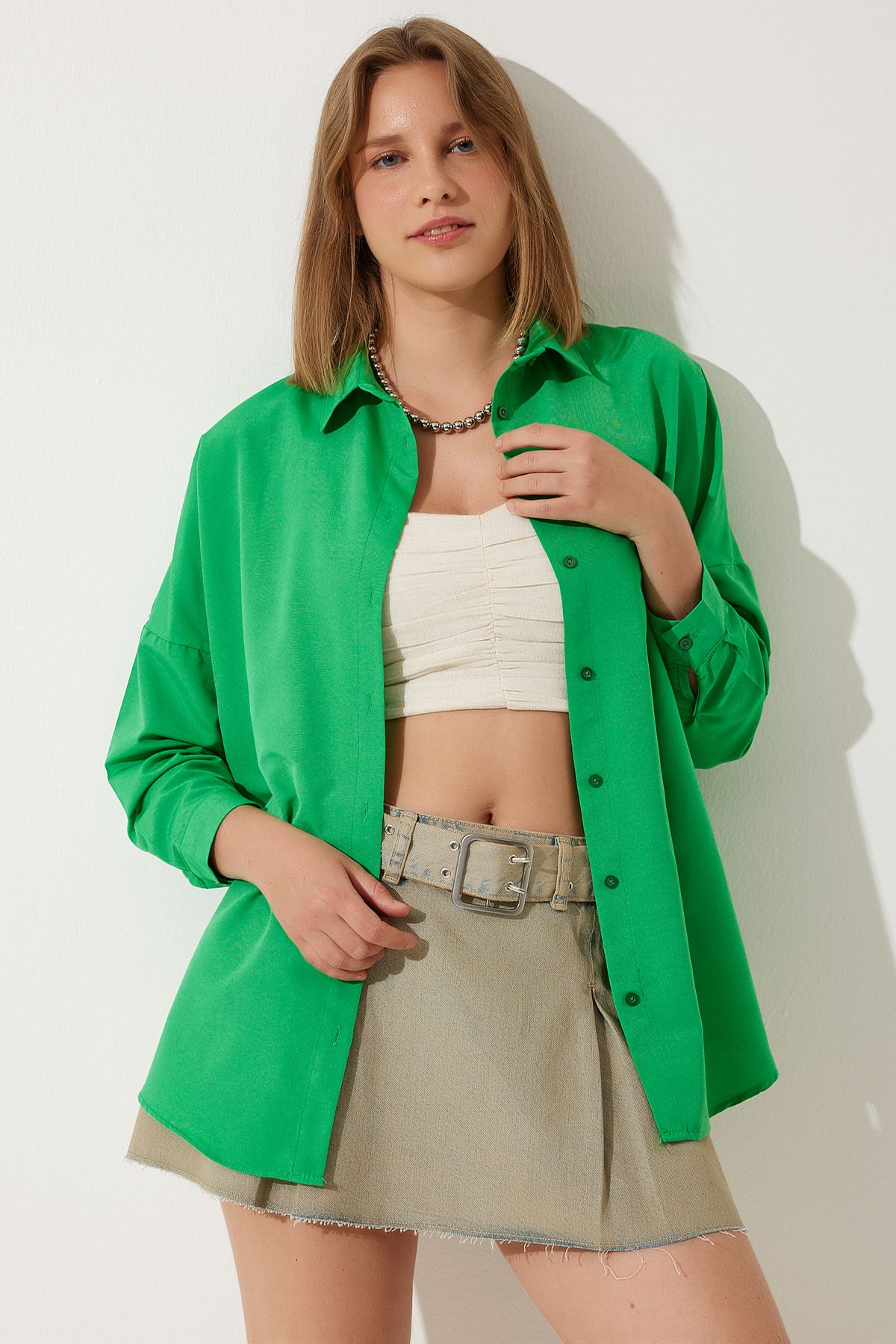 Kadın Koyu Yeşil Oversize Uzun Basic Gömlek  DD00842