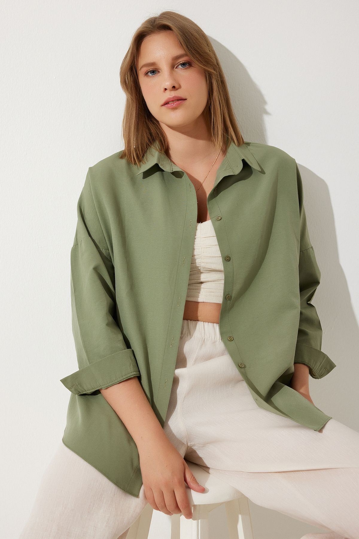 Kadın Haki Oversize Uzun Basic Gömlek DD00842