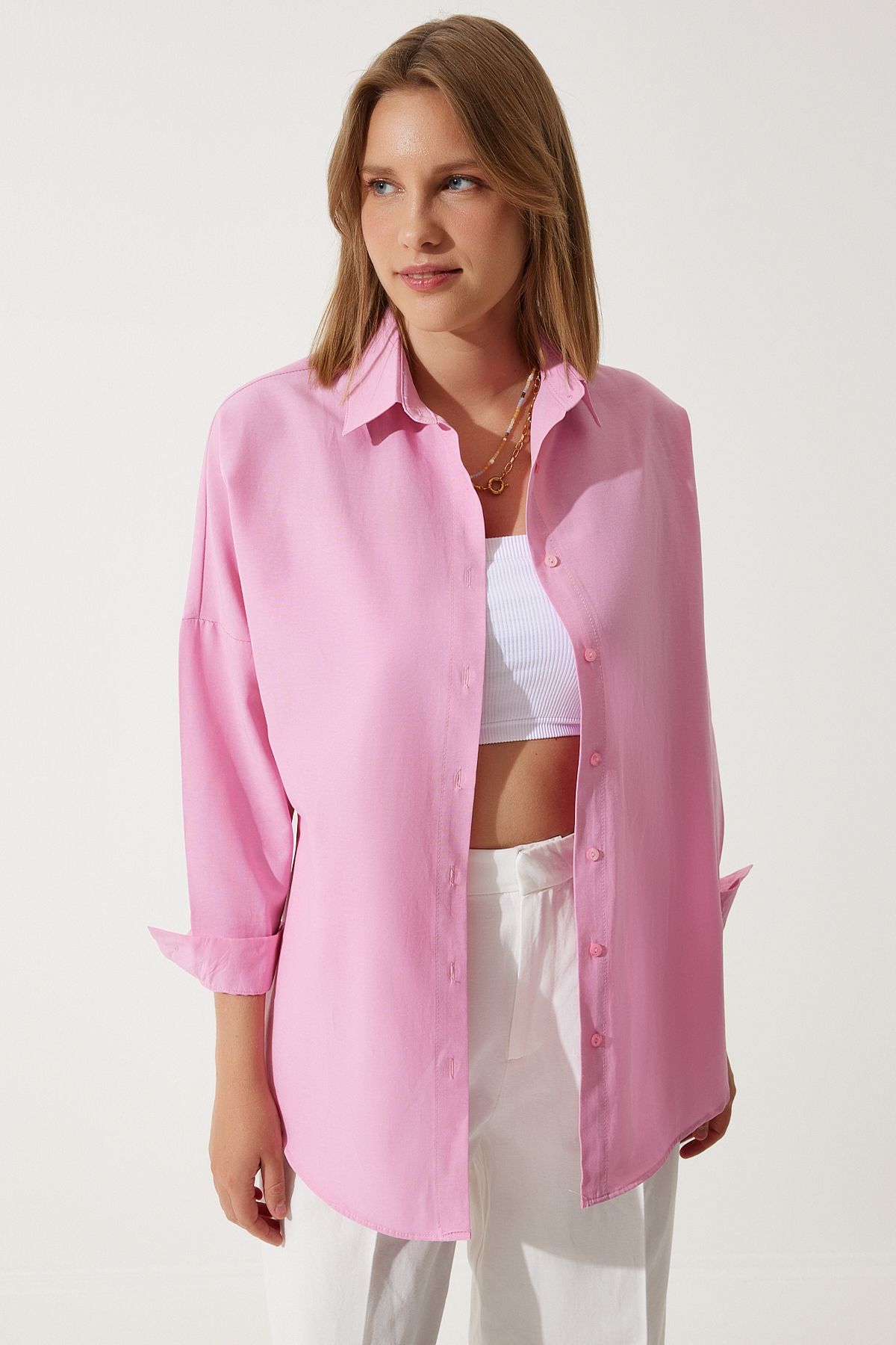 Kadın Pembe Oversize Uzun Basic Gömlek  DD00842