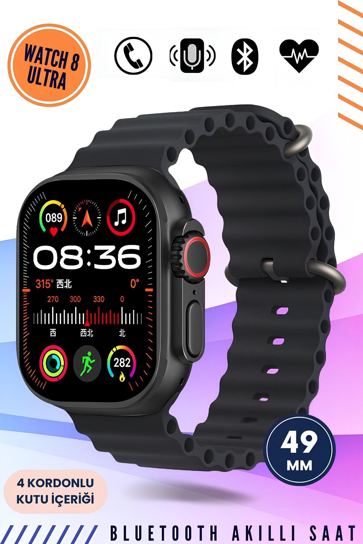 Watch 8 Ultra 4 Kordonlu Akıllı Saat İos Android Uyumlu Türkçe Smartwatch T20 Ultra Siyah Renk