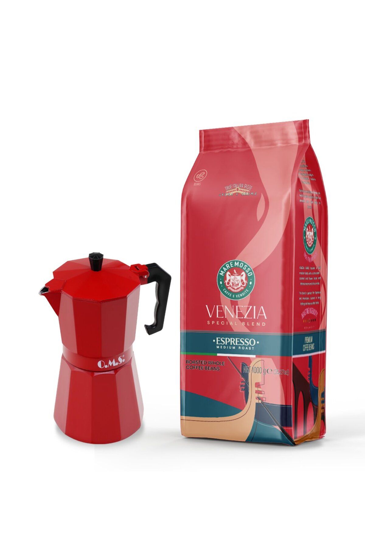 Venezia Espresso Kahve 1Kg. & Moka Pot 6 Cup. (Kırmızı) 1. Set