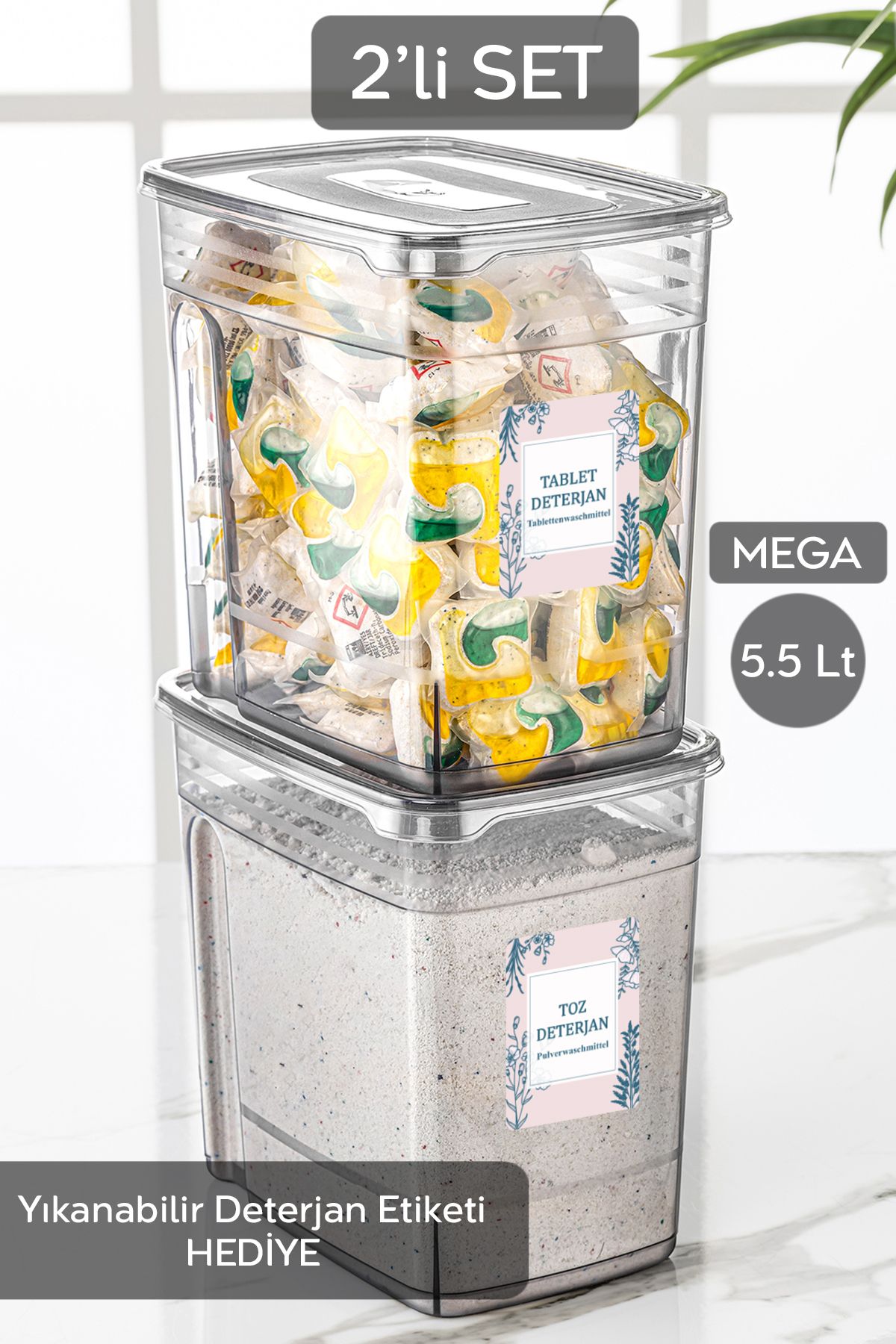 2'li Mega Etiketli Deterjan Saklama Kutusu Lena Pratik Kapaklı Tablet Deterjan Saklama Kabı 2x5,5 Lt