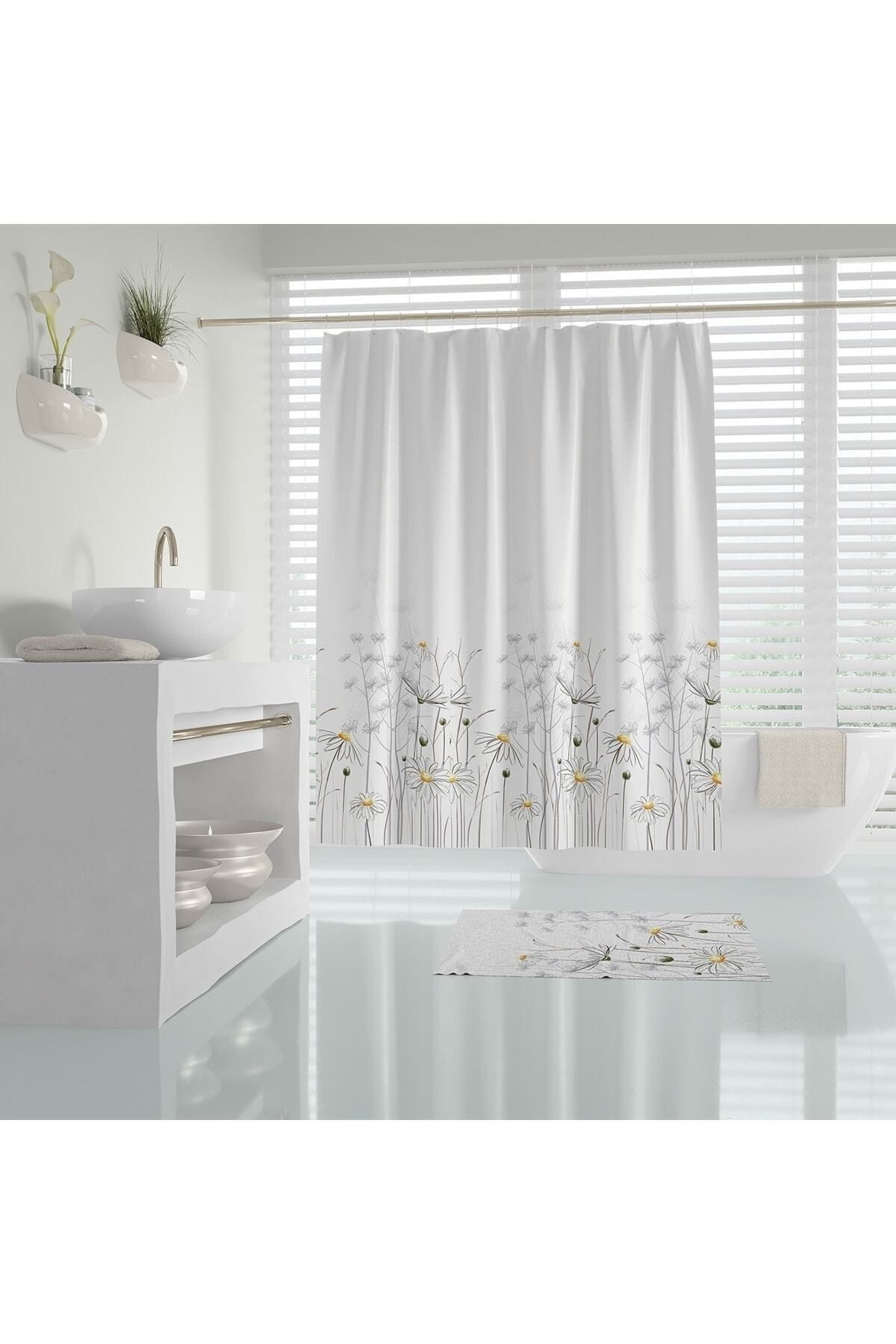Papatya Desenli Duş Perdesi, Çiçekli Banyo Perdesi 12 Adet C Halka Hediyeli Küvet Perdesi 180x200cm