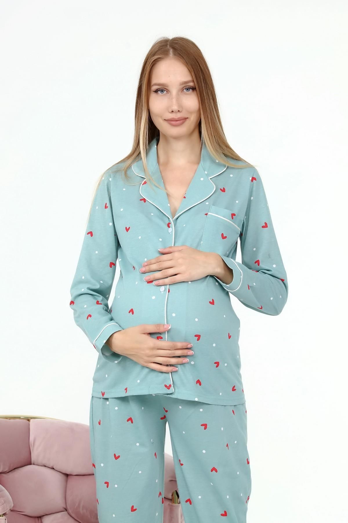 Likapa Penye Önden Düğmeli Hamile Lohusa Uzun Kol Pijama Takımı