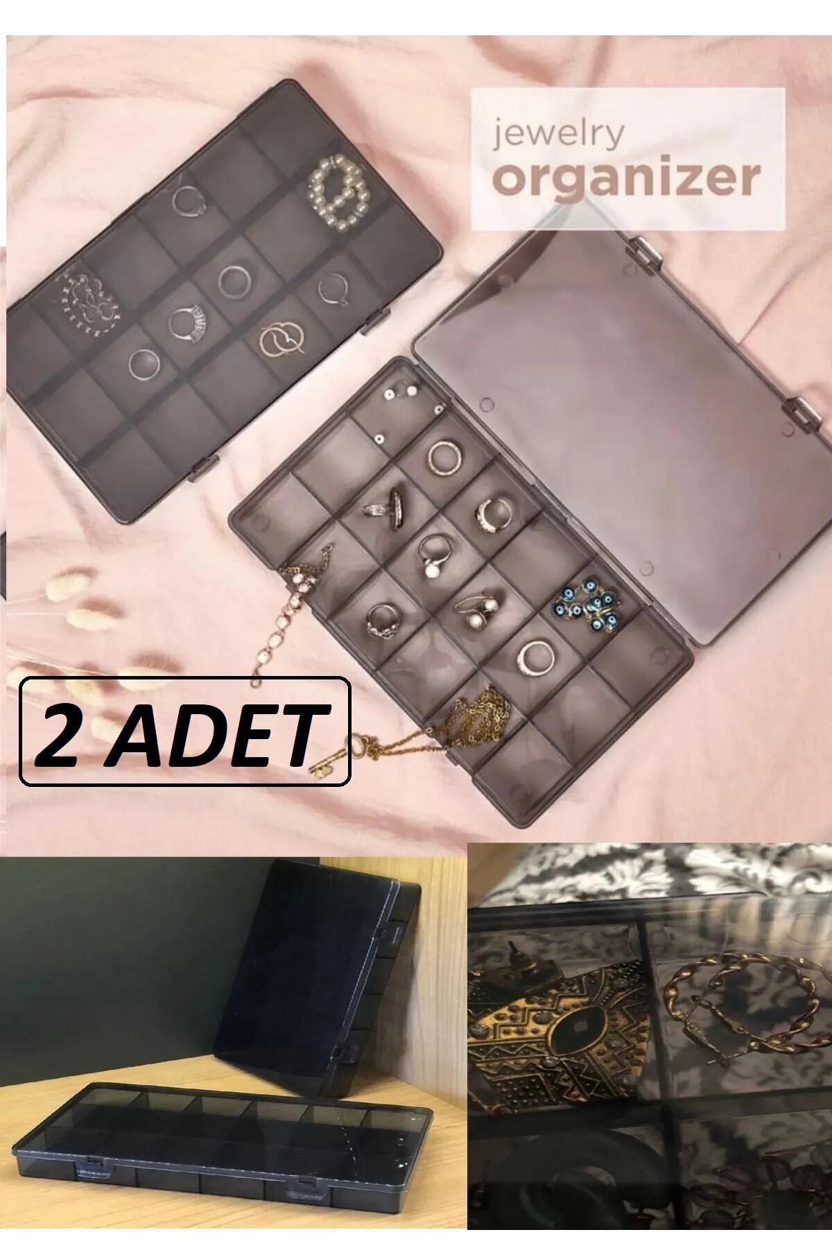 Füme 2 Adet 18 Bölmeli Kolye Yüzük Kapaklı Takı Kutusu Dikiş Kutusu Organizer Düzenleyici Kutu