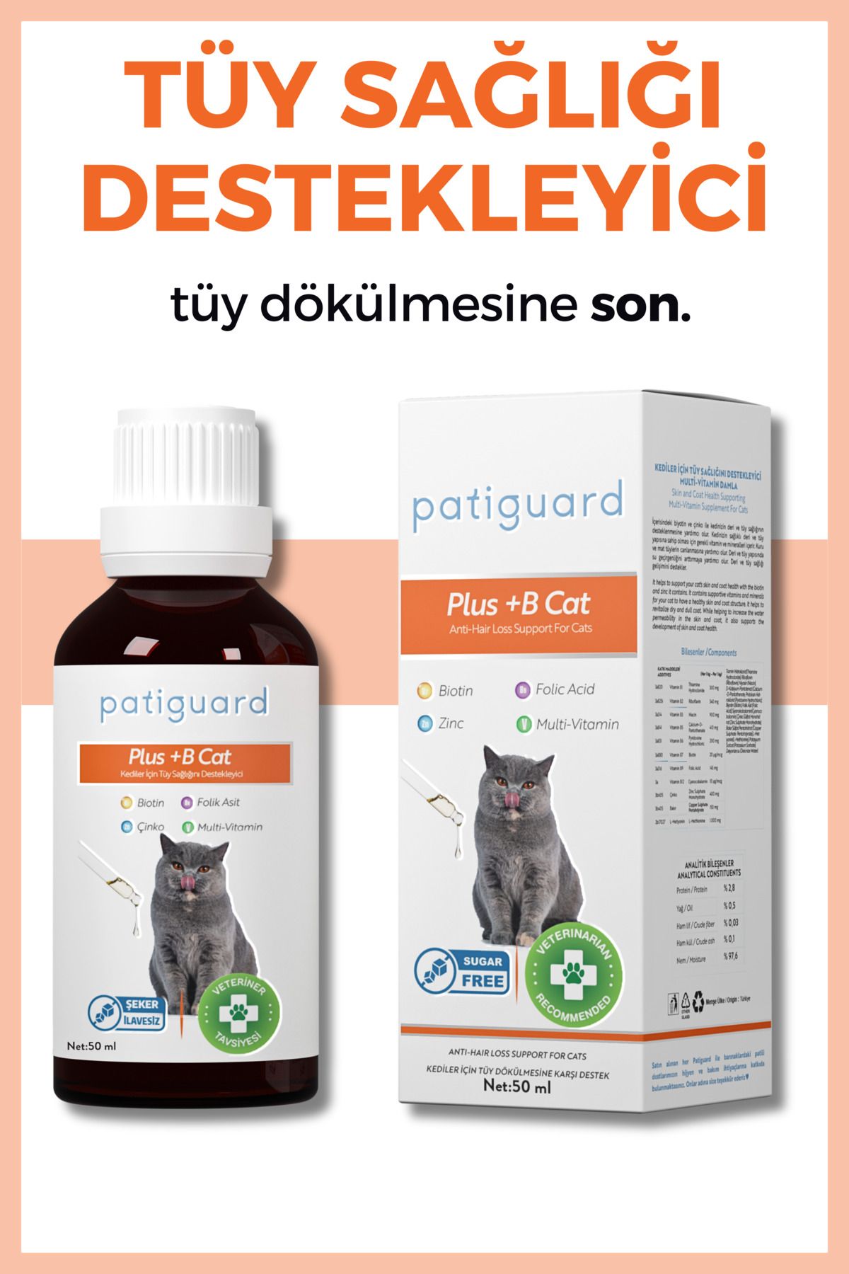 Plus B For Cats Kediler İçin Tüy Dökülmesi Engelleyici Biyotin Tüy Sağlığı Damlası 50ml