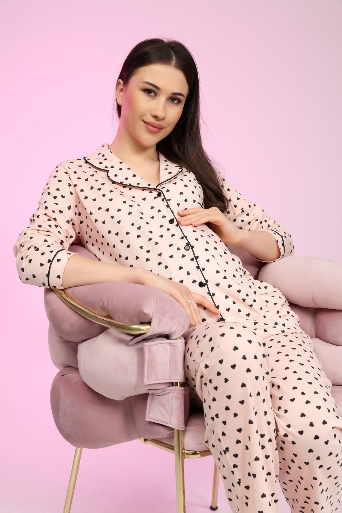 Likapa Penye Önden Düğmeli Hamile Lohusa Uzun Kol Pijama Takımı