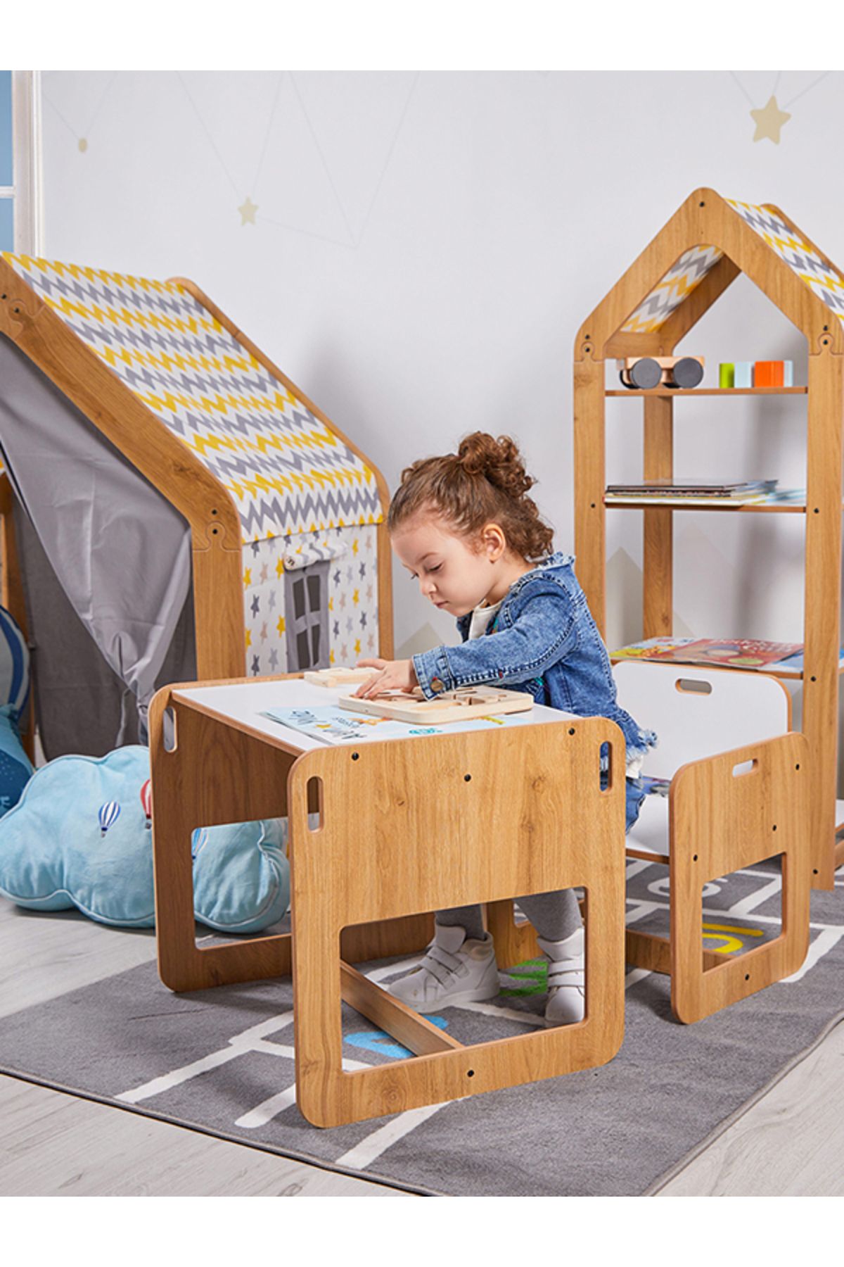 Ahşap Çocuk Oyun Aktivite Masası Sandalyesi Çalışma Masası 2-4 Yaş Kumru Model Naturel