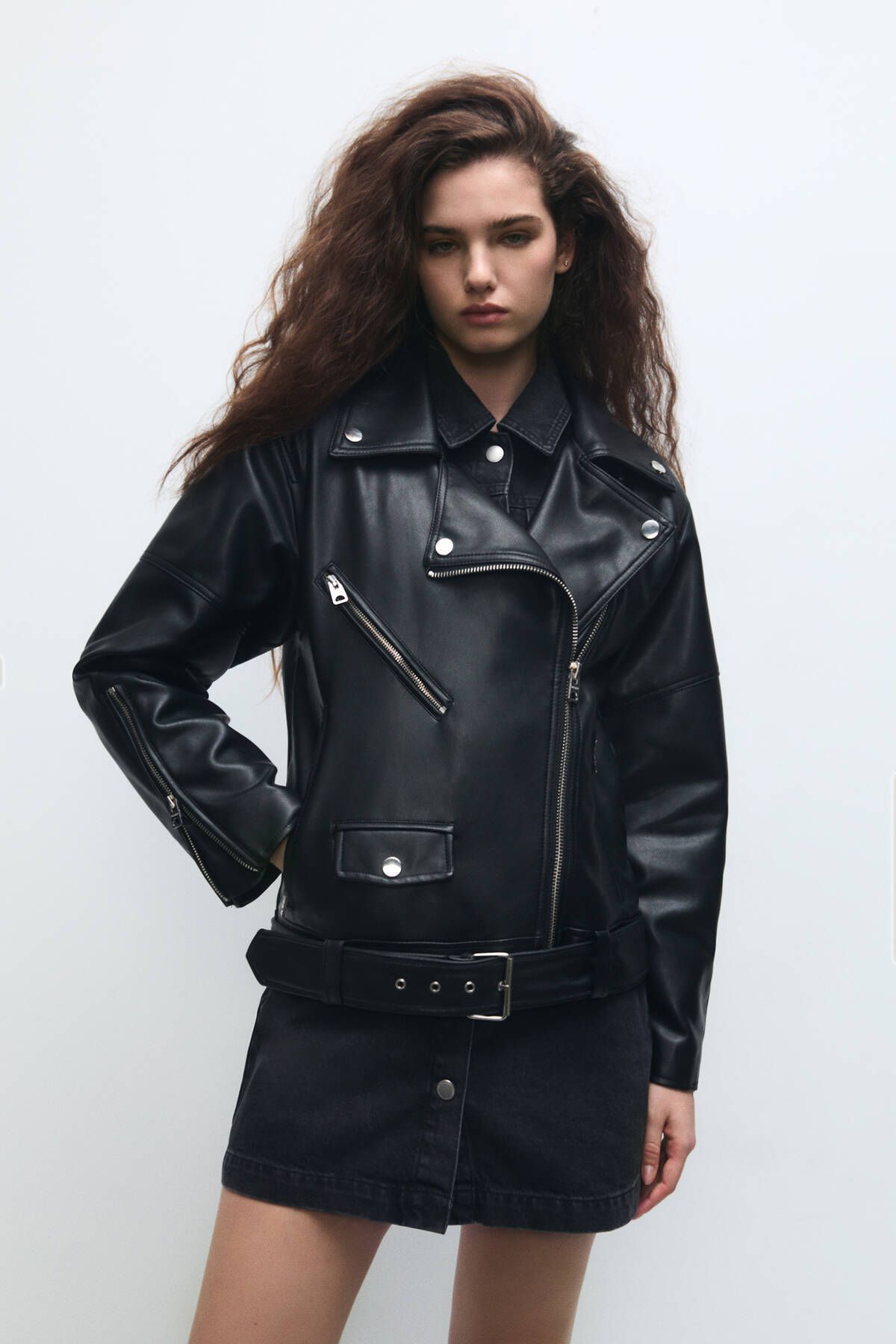 Oversize Suni Deri Biker Ceket