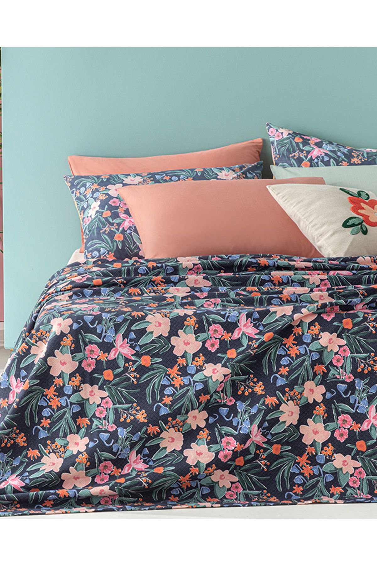 Vivacity Bloom Baskılı Tek Kişilik Pike Lacivert