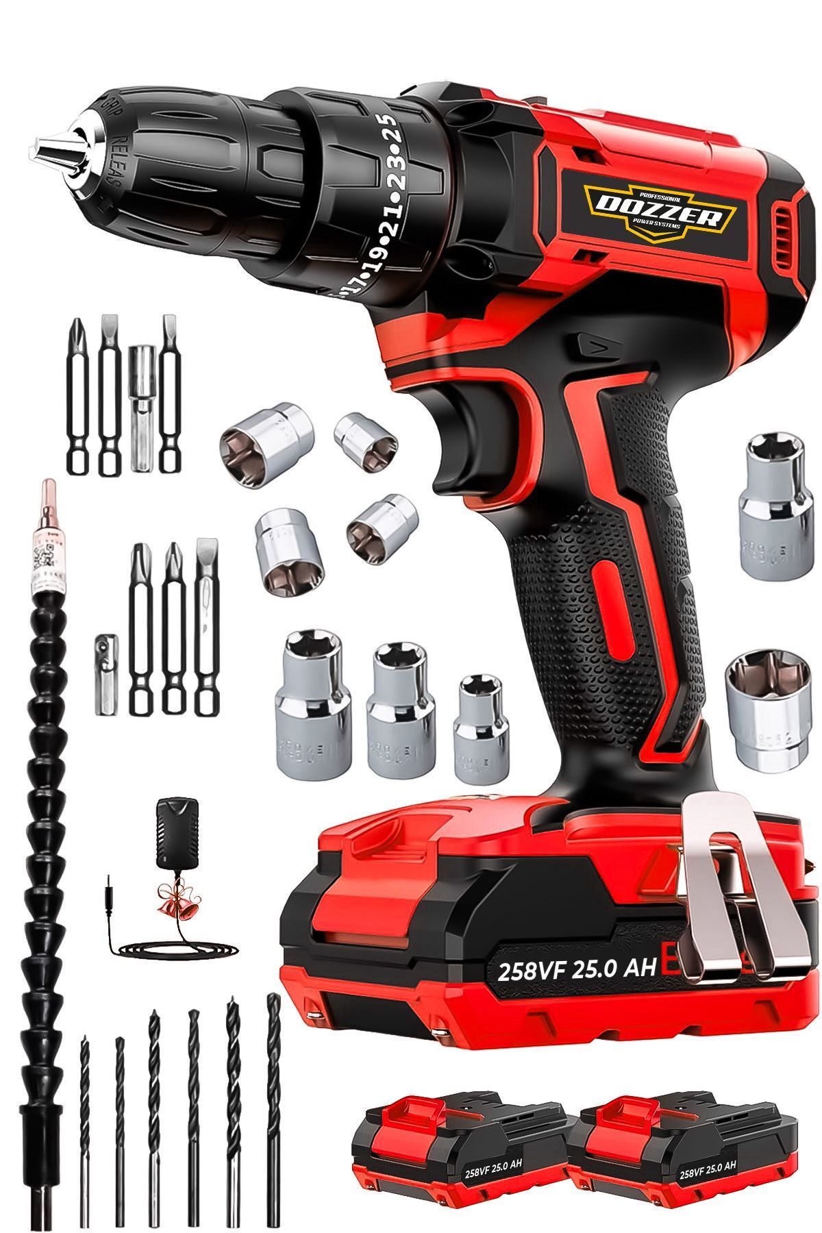 Alman Hard-x2560 2.0 Ah Çelik Şanzuman 27 Parça Set Bakır Sargılı 2x Akülü Şarjlı Vidalama Matkap