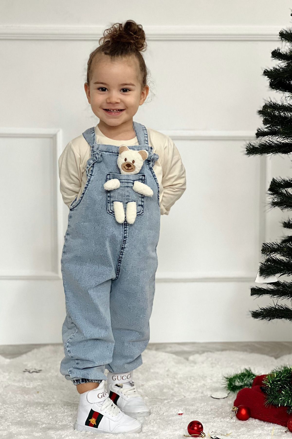 Unisex Çocuk Askısı Bağlamalı Teddy Oyuncaklı 2'li Mavi Kot Salopet