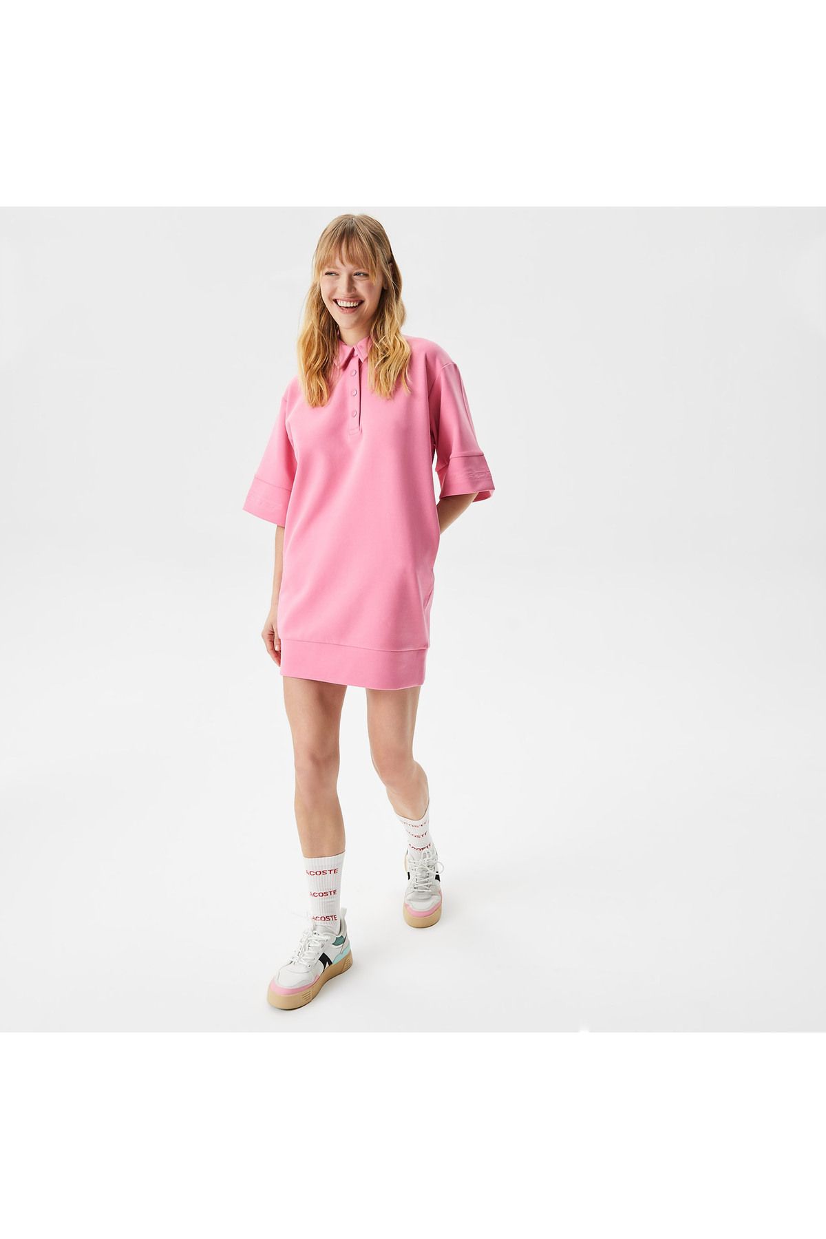 Kadın Loose Fit Kısa Kollu Polo Yaka Pembe Elbise
