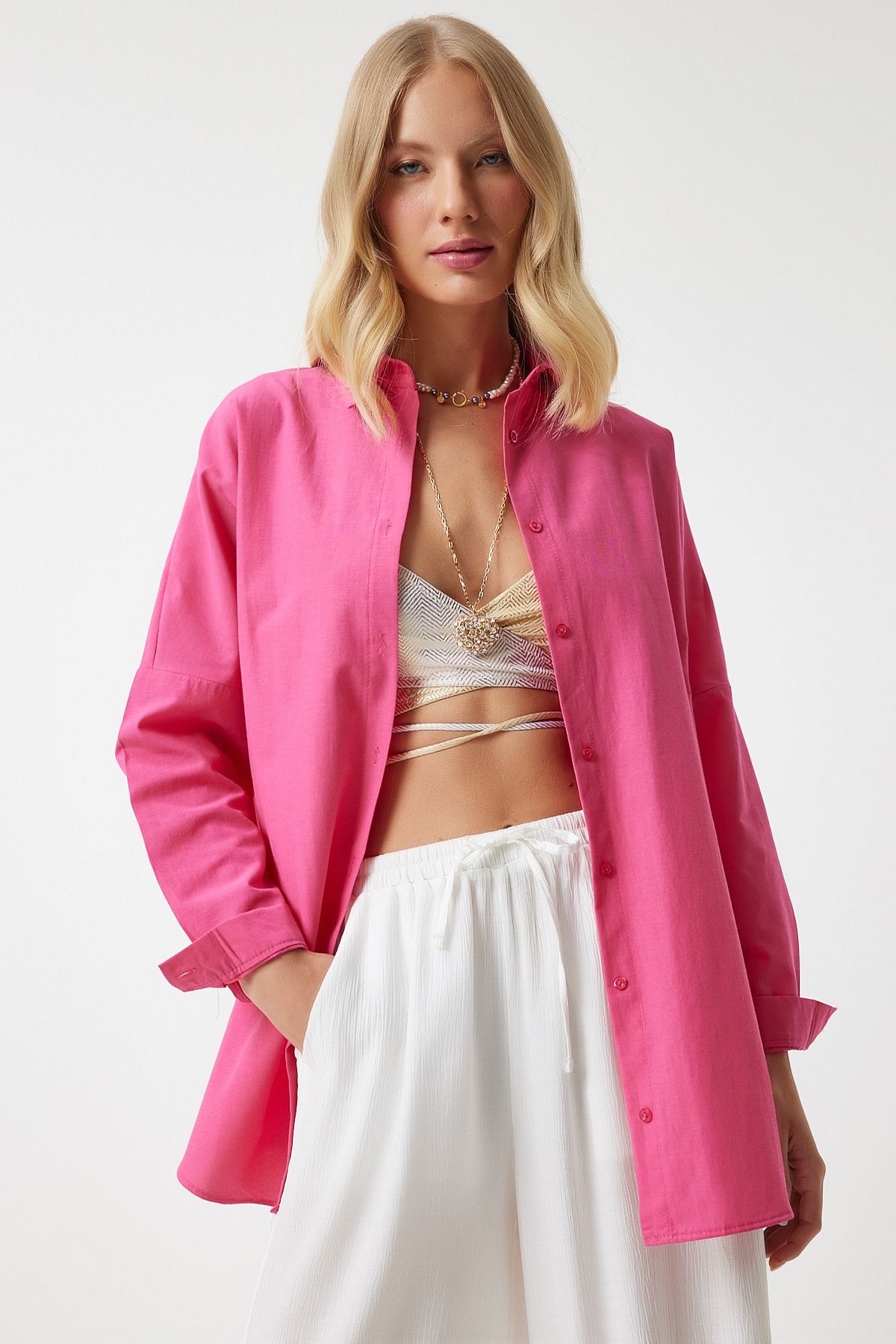Kadın Koyu Pembe Oversize Uzun Basic Gömlek  DD00842