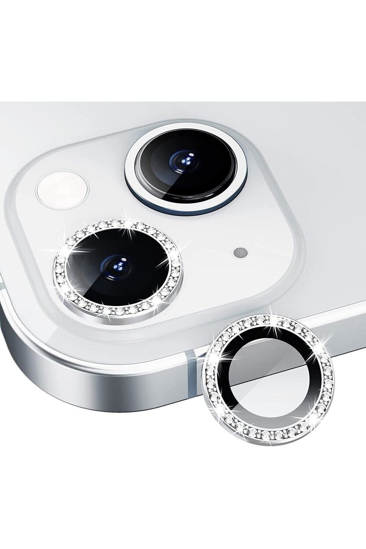 Iphone 13 / 13 Mini Uyumlu Gümüş Taşlı Kamera Lensi Koruyucu
