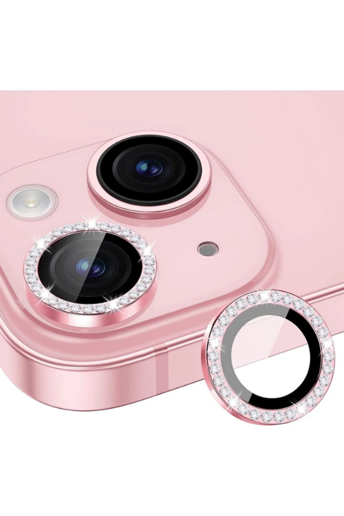 Iphone 15 / Iphone 15 Plus Uyumlu Kamera Koruma Taşlı Lens Koruyucu Temperli Cam Koruma Pink