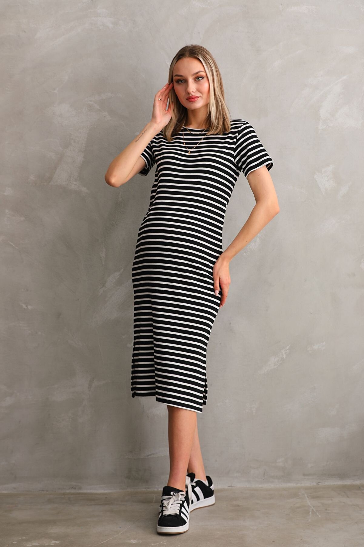 Kısa Kol Bisiklet Yaka Fittilli Kaşkorse Çizgili Hamile Elbisesi