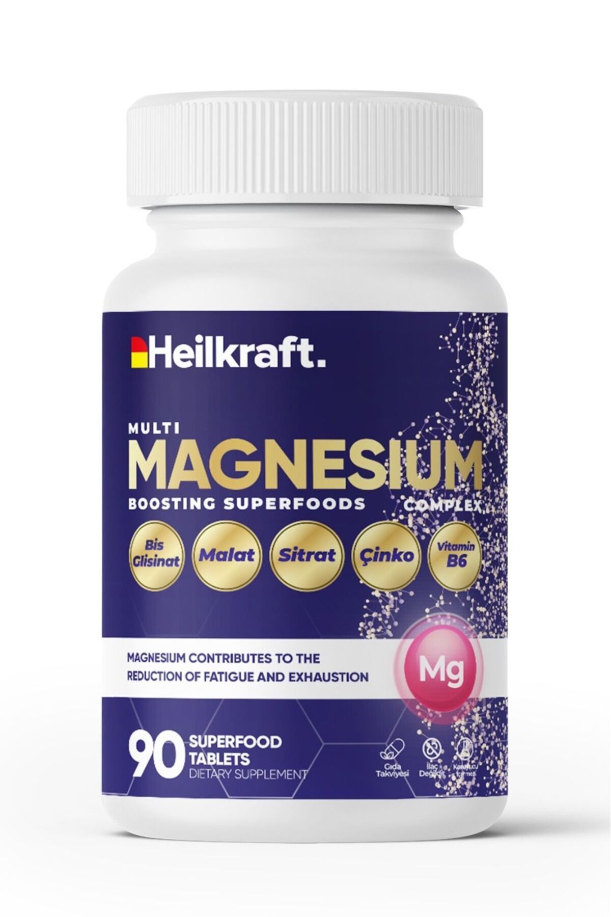 Magnesium Çinko B6 Vitamini içeren 90 Tablet Takviye Edici Gıda (Magnezyum Bisglisinat Malat-Sitrat)
