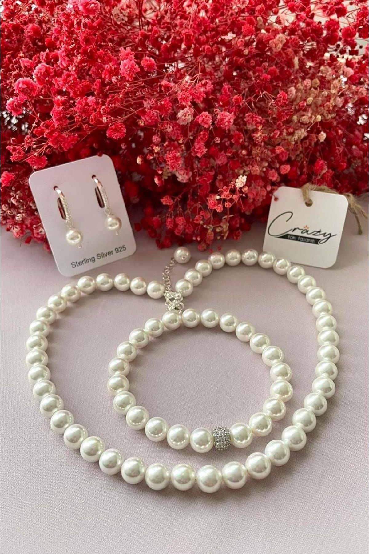 8 Mm Mayorka (KAPLAMA) Inci Kolye-küpe-bileklik 925 Ayar Gümüş Set