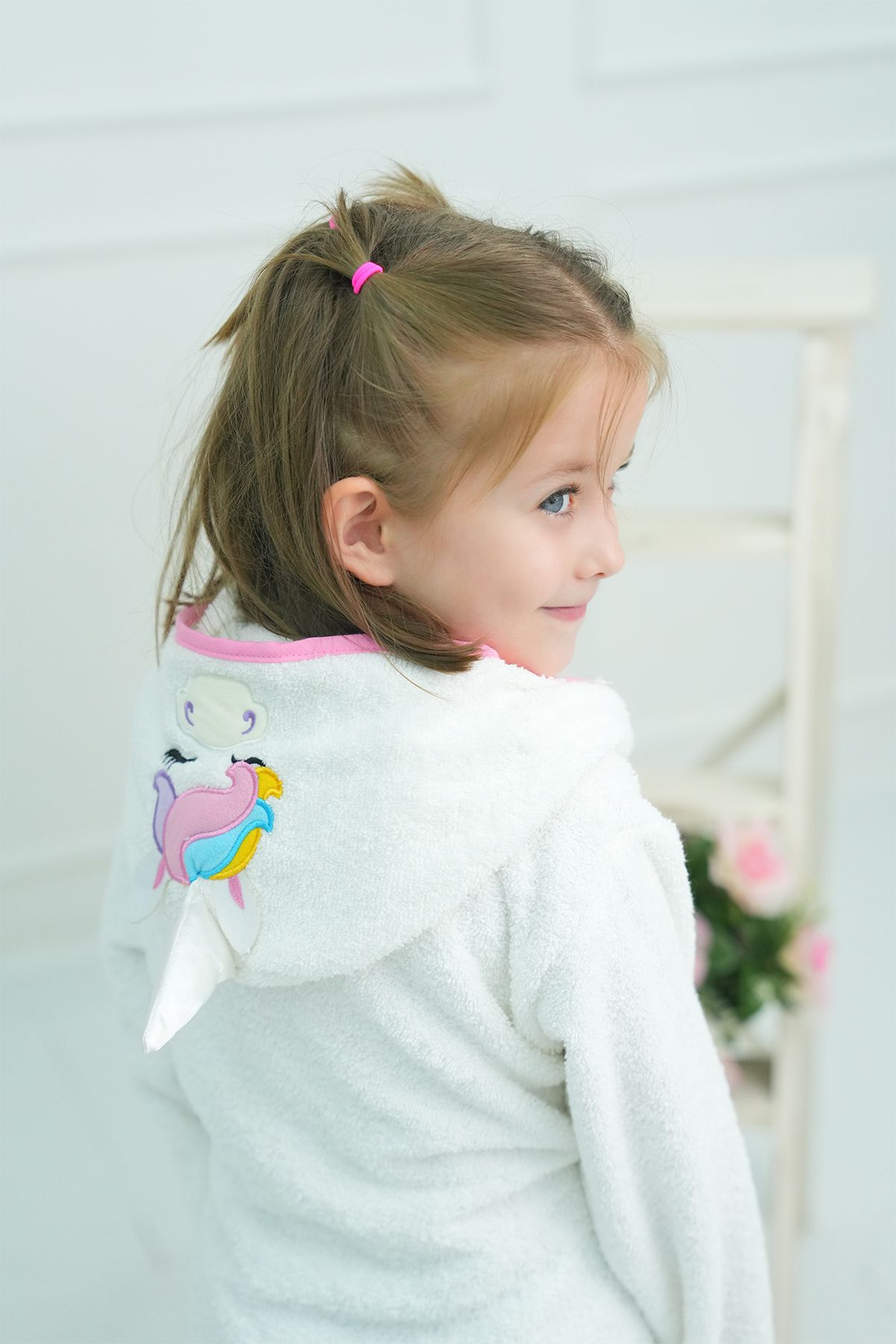 Kapşonlu Kız-erkek Çocuk Bornozu Pamuklu-Beyaz Unicorn