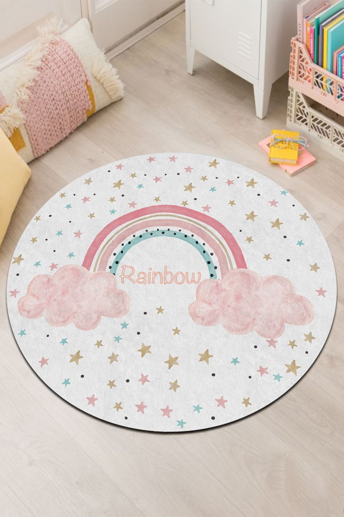 Dijital Baskı Kaymaz Taban Makinede Yıkanabilir Pembe Gökkuşağı Desenli Yuvarlak Halı-4
