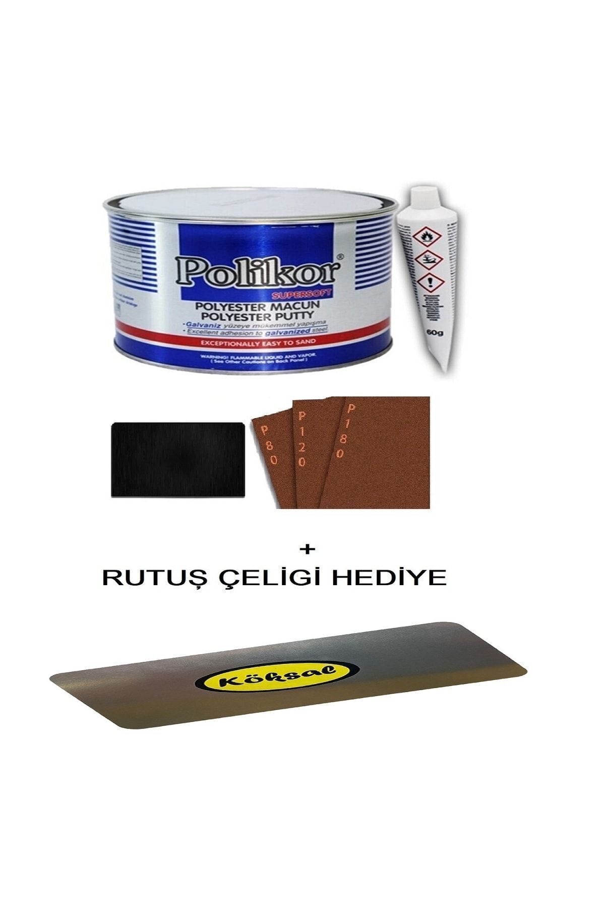 Polyester Çelik Macun 450 gr Set 3 Adet Zımpara Ve 1 Adet Macun Çeliği