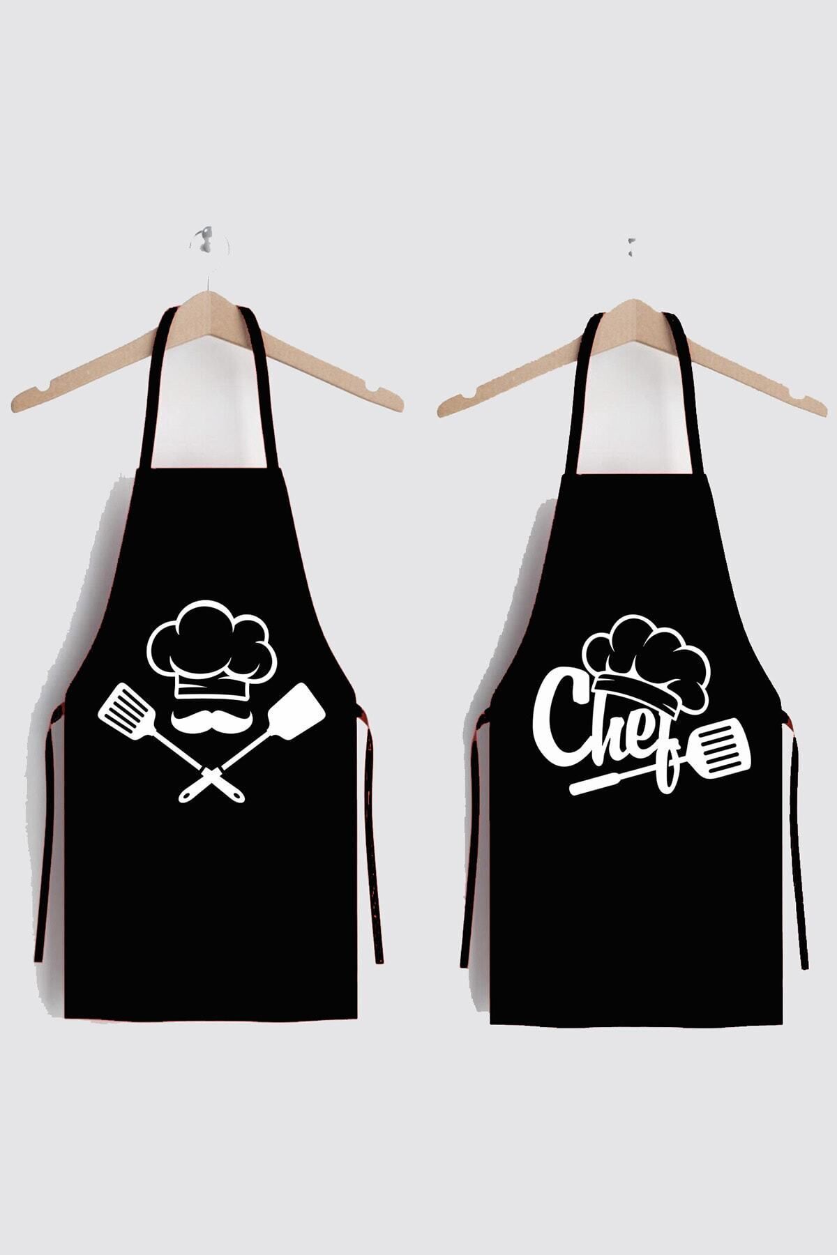 Siyah Siyah Chefs Ikili Leke Tutmaz Kumaş Mutfak Önlüğü 55 x 70 Polyester