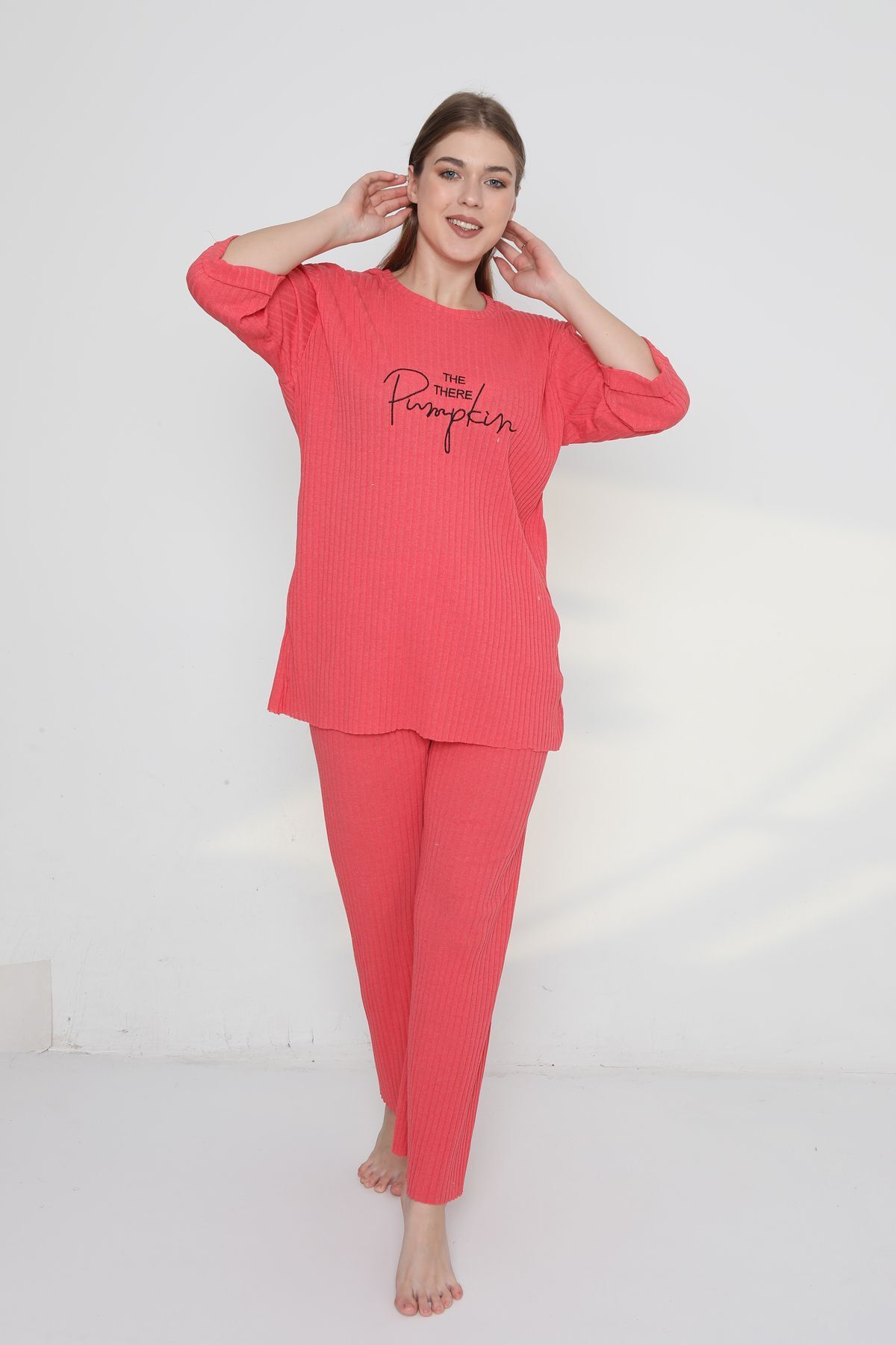 Pumpkin Yazılı Kaşkorse Büyük Beden Kadın Pijama Takımı
